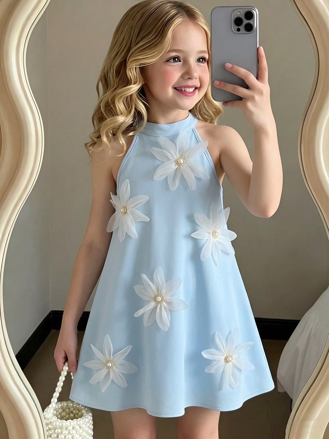 Girls'sky Blue Summer Dress,Elegant Floral Pearl Decor Halter Satin Gown For 7th Birthday,Banquet,Wedding Guest & Party,Princess Little Bride Dress