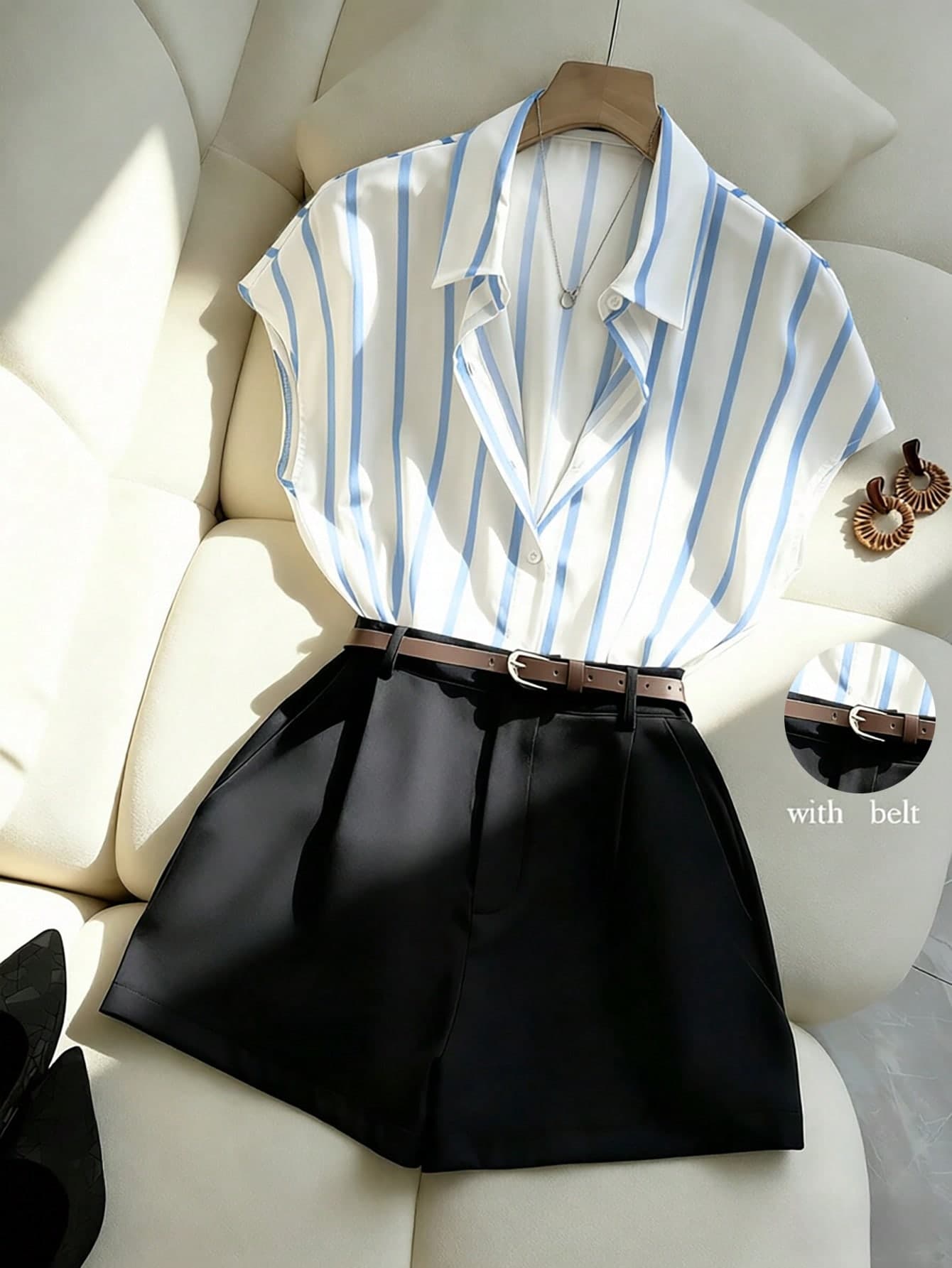 Franclia 2pcs/Set Women's Casual Commute Versatile Short Sleeve Batwing Sleeve Striped Shirt And Ladies' Shorts, Spring/Summer Elegant 2-Piece Outfit