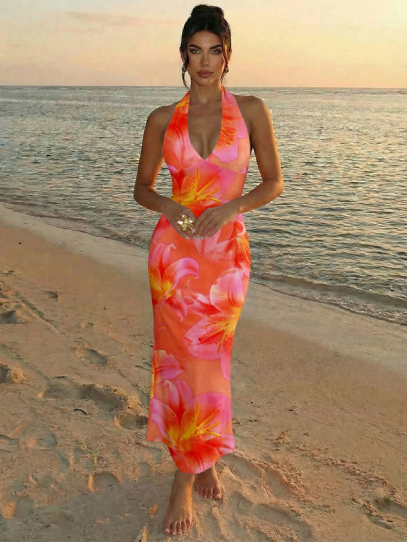 Firerie New Elegant Tropical Holiday V-Neck Lily Floral Print Bodycon Dress, Hawaii Summer Beach Vacation Outfit Burnt Orange Dresses For Women