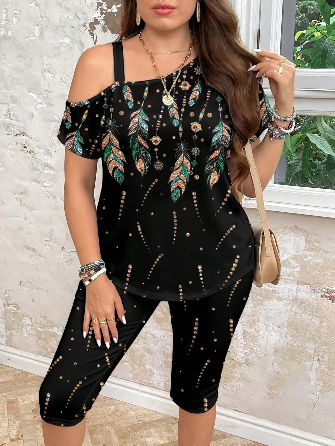 SHEIN LUNE Casual Minimalist Floral Pattern Plus Size 2 Pieces Set, Suitable For Summer