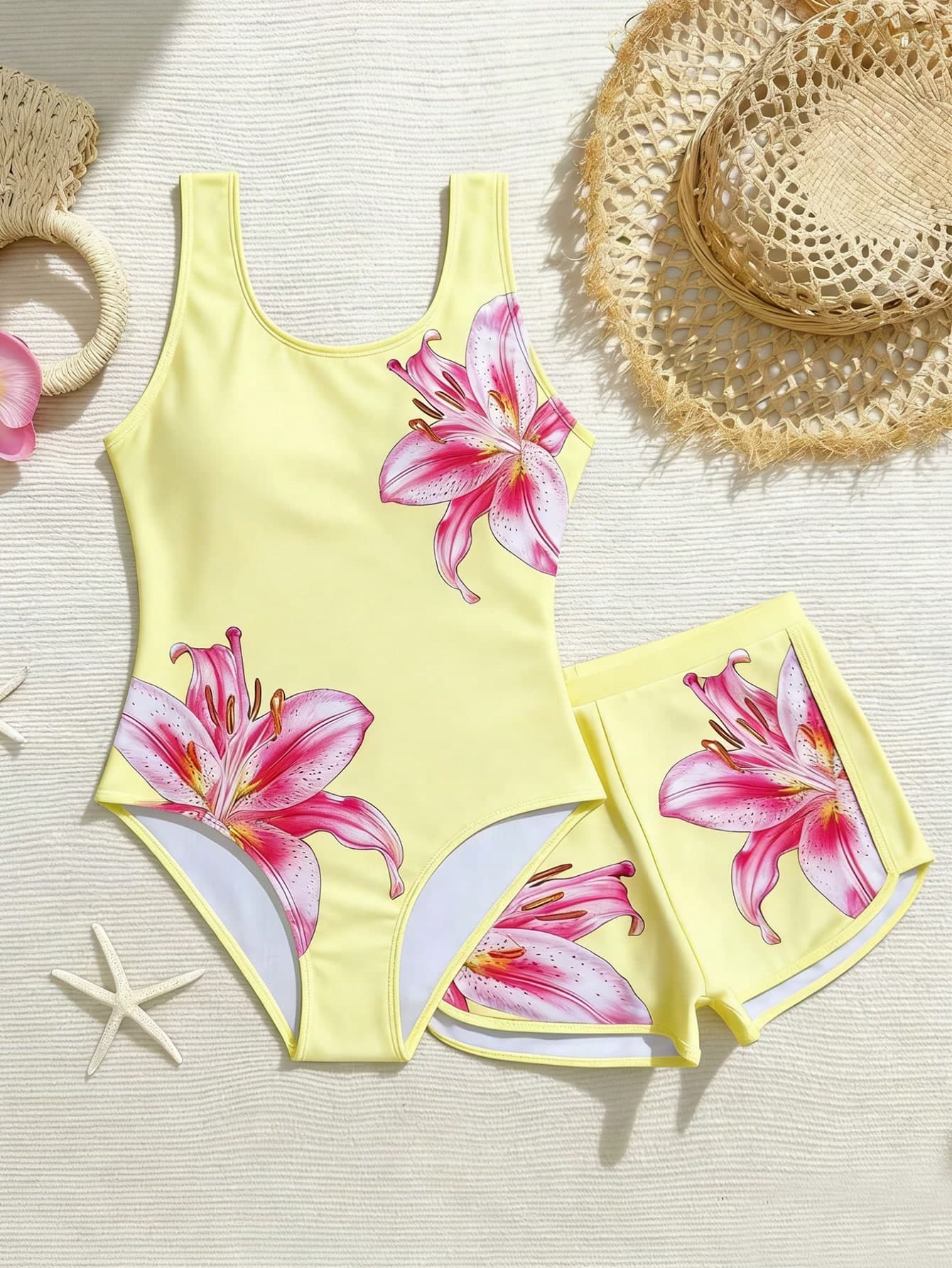 SHEIN Girls' Butter Yellow Floral Print One-Piece Swimsuit With Swim Shorts,Cute 2 Piece Bathing Suit Set For Kids,Summer Beach Vacation Holiday Swimwear