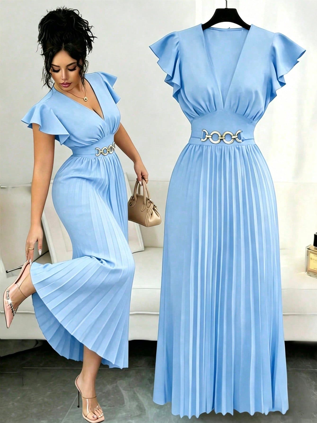 Elenzga Women's Baby Blue Summer Elegant Date V-Neck Ruffle Sleeve Maxi Dress,Metal Decor Button Pleated Slim Fit Valentine's Day Party Cocktail Resort