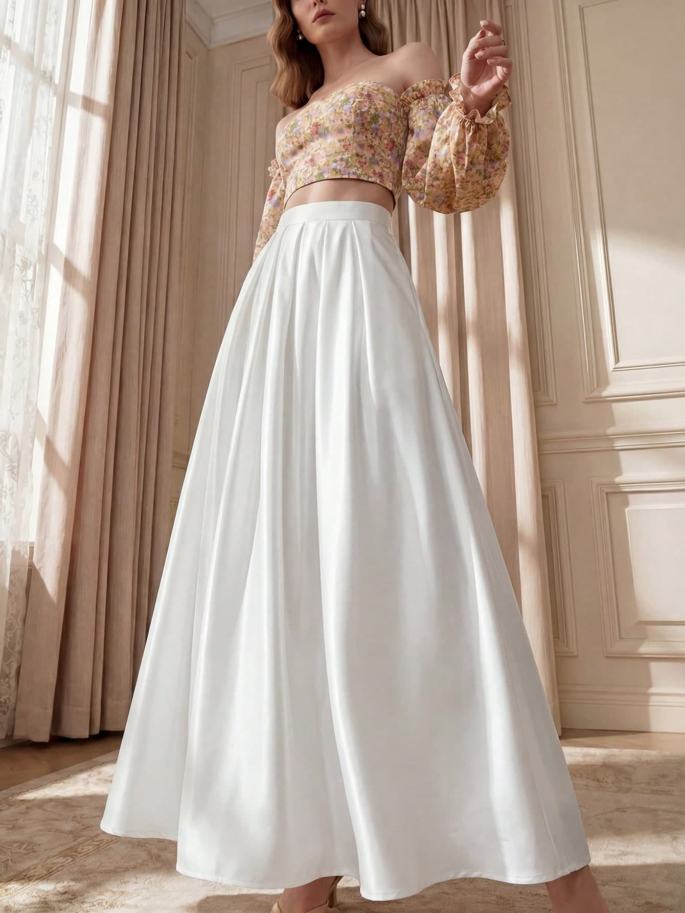 Suri Mira Upgrade Version Women's Elegant Elegant Simple Solid White Color Umbrella Hem Skirt, Versatile For Spring, Summer