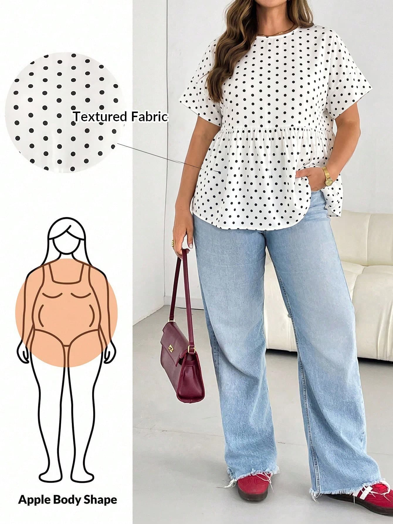 Shapeblank Plus-Size Women's Black And White Polka Dot Babydoll Shirt,Summer Casual Everyday Short-Sleeved Blouse,Loose Curve Cute Tops,Vacation Outfits