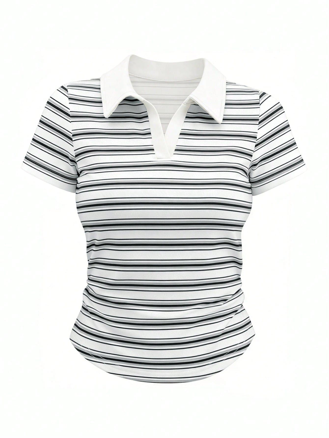 Airaco Women's Striped Print Polo Collar Short Sleeve T-Shirt