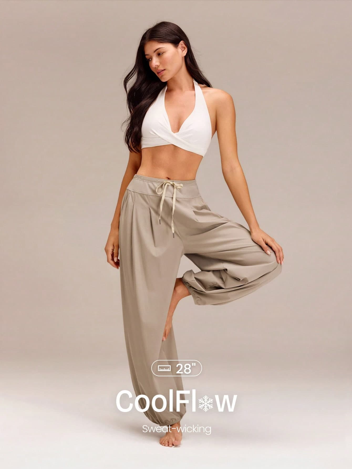 GLOWMODE 28" Soft Serve Stretchy Quick-Dry Sun-Protective Adjustable Drawstring Waist Side Pockets Pleated Wide Leg Lounge Pants Yoga Casual Summer