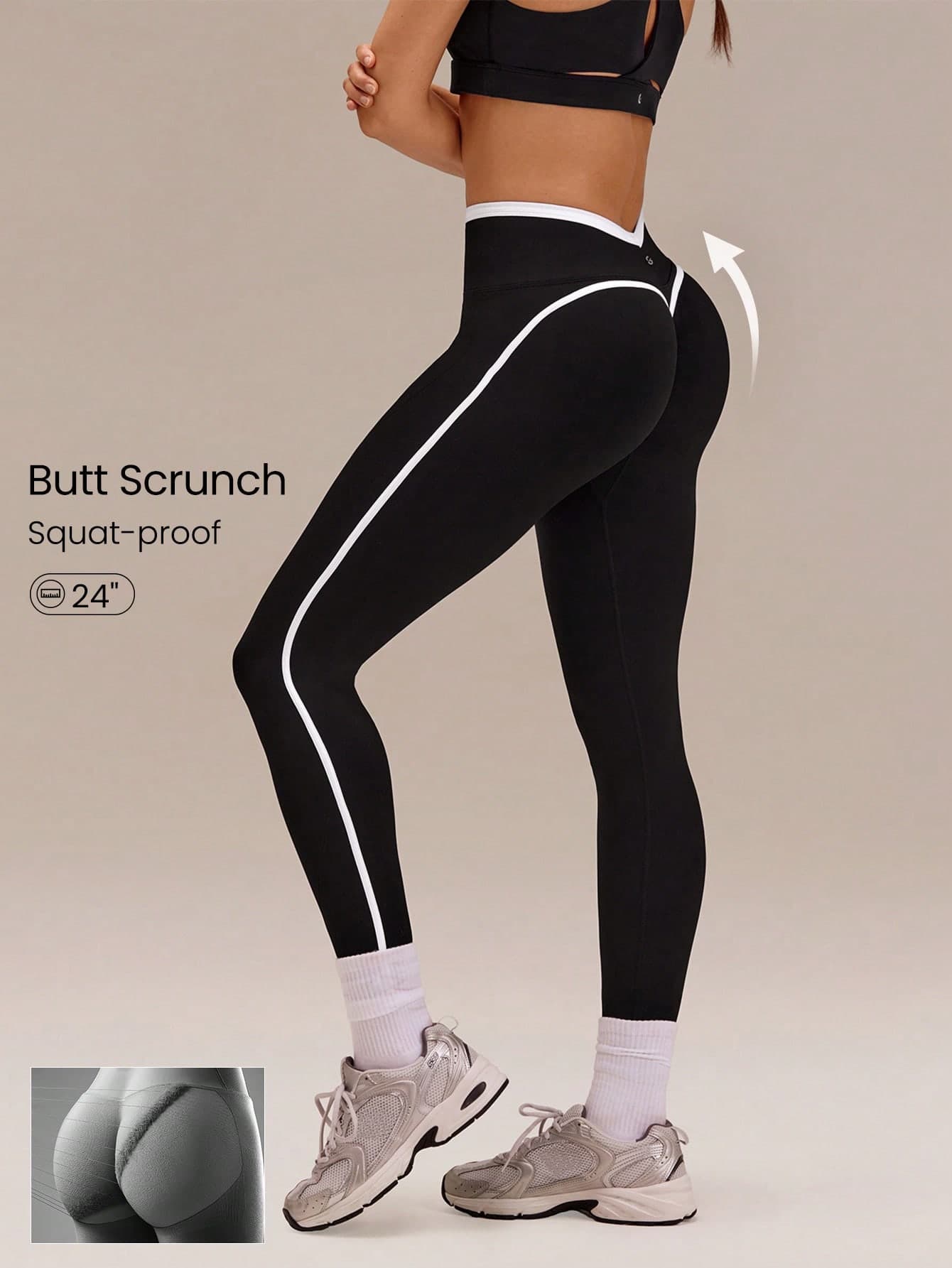 GLOWMODE 24" Ultrafine Soft Seamless V-Waist Contoured Scrunch Bum Contrast Seams Non-See-Through Leggings Running Workout Gym