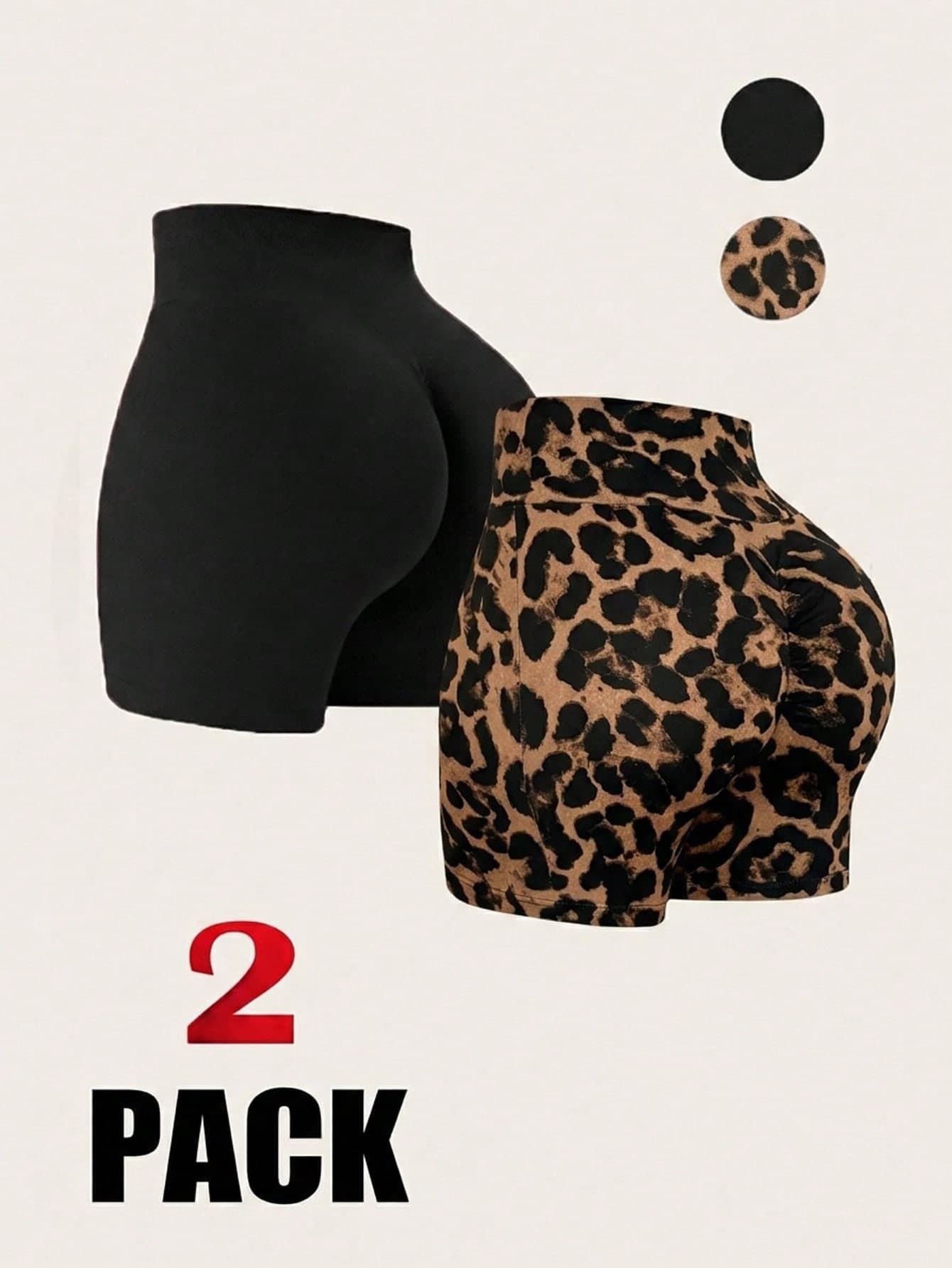 SHEIN Essnce 2 Pack Plus-Size Women's Leopard Print Motorcycle Shorts,High-Elasticity Gym Black Sommar Girlism,Casual Everyday Basic Curve Short 2 Pcs Set