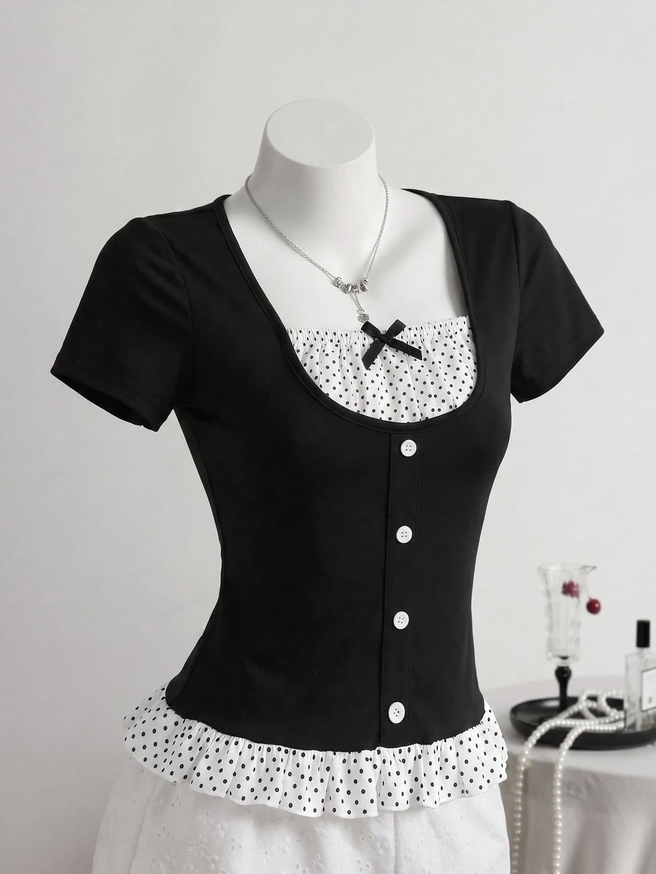 1-Piece Teen Girls Elegant Y2k Aesthetic Ribbed Knit Short-Sleeve Top,Black And White Lace Trim Button Front,Summer Holiday Back-To-School Fitted Top