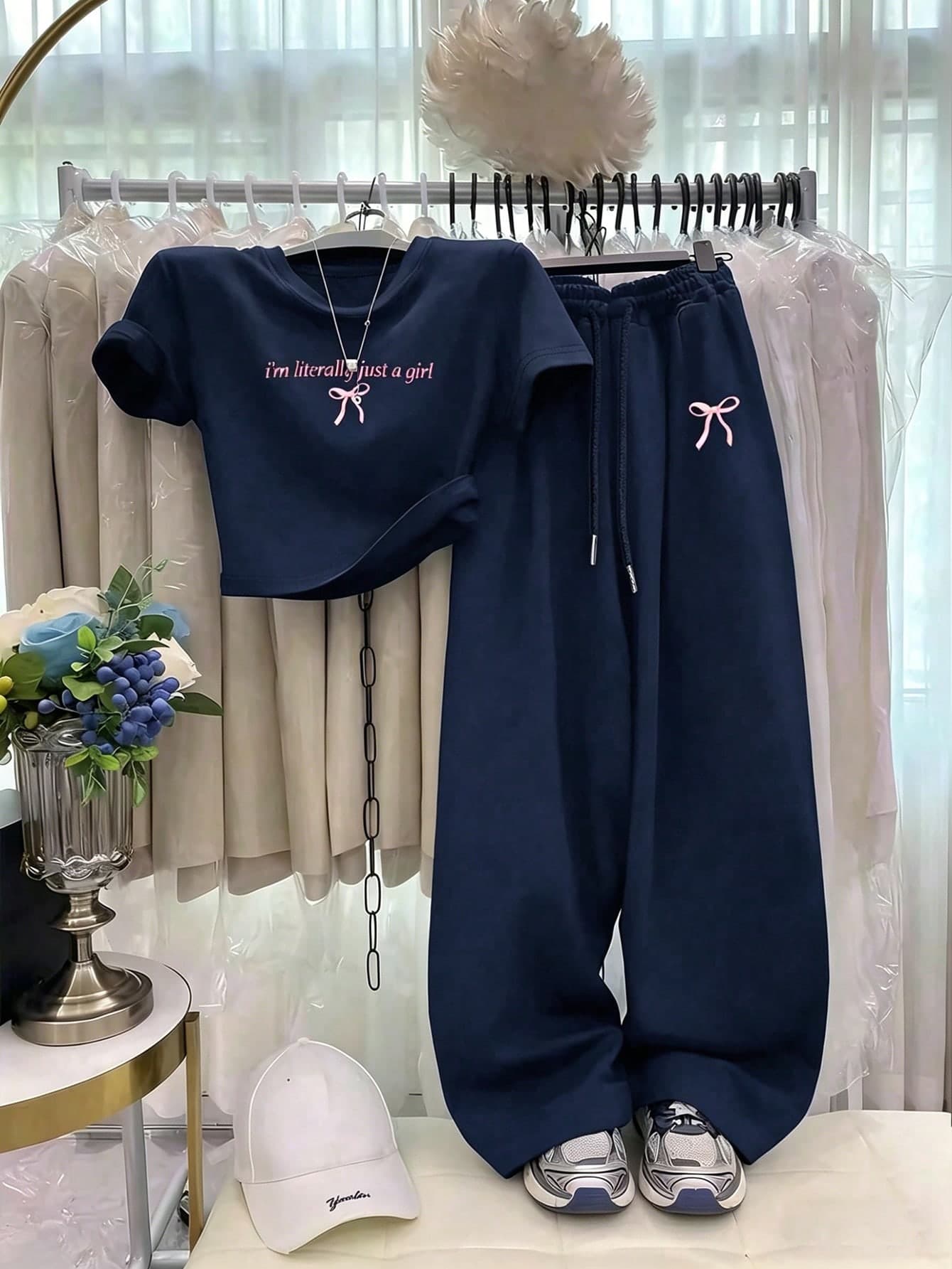 Resyla Women's Summer Fashion Letter & Bow Print Round Neck Short Sleeve T-Shirt And Casual Drawstring Waist Pocket Long Pants Set