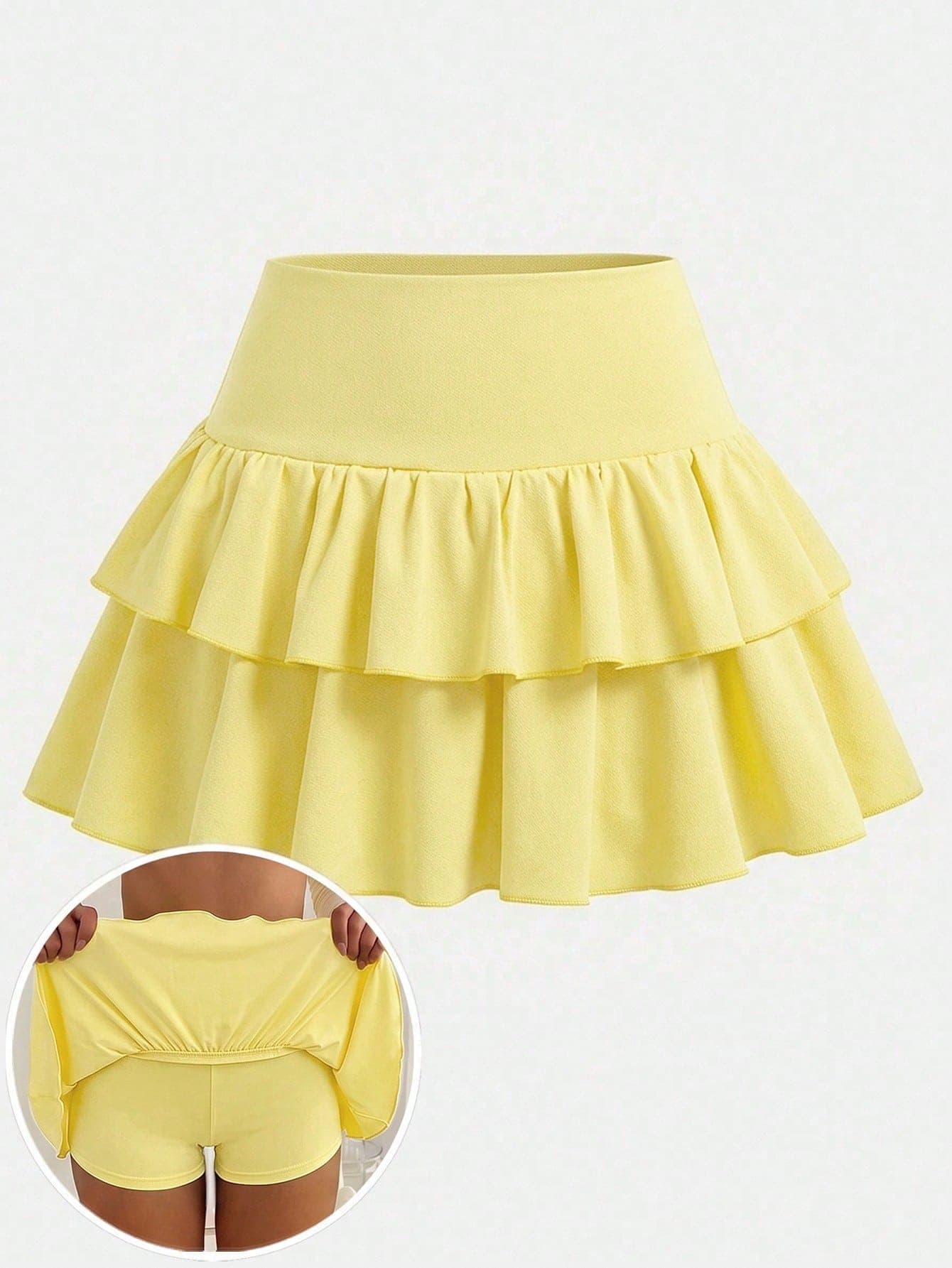 SHEIN Girlism Teen Girls Casual, Sports, School, Back To School, Black Undershorts With Ruffled Hem Skater Skirt, Spring And Summer