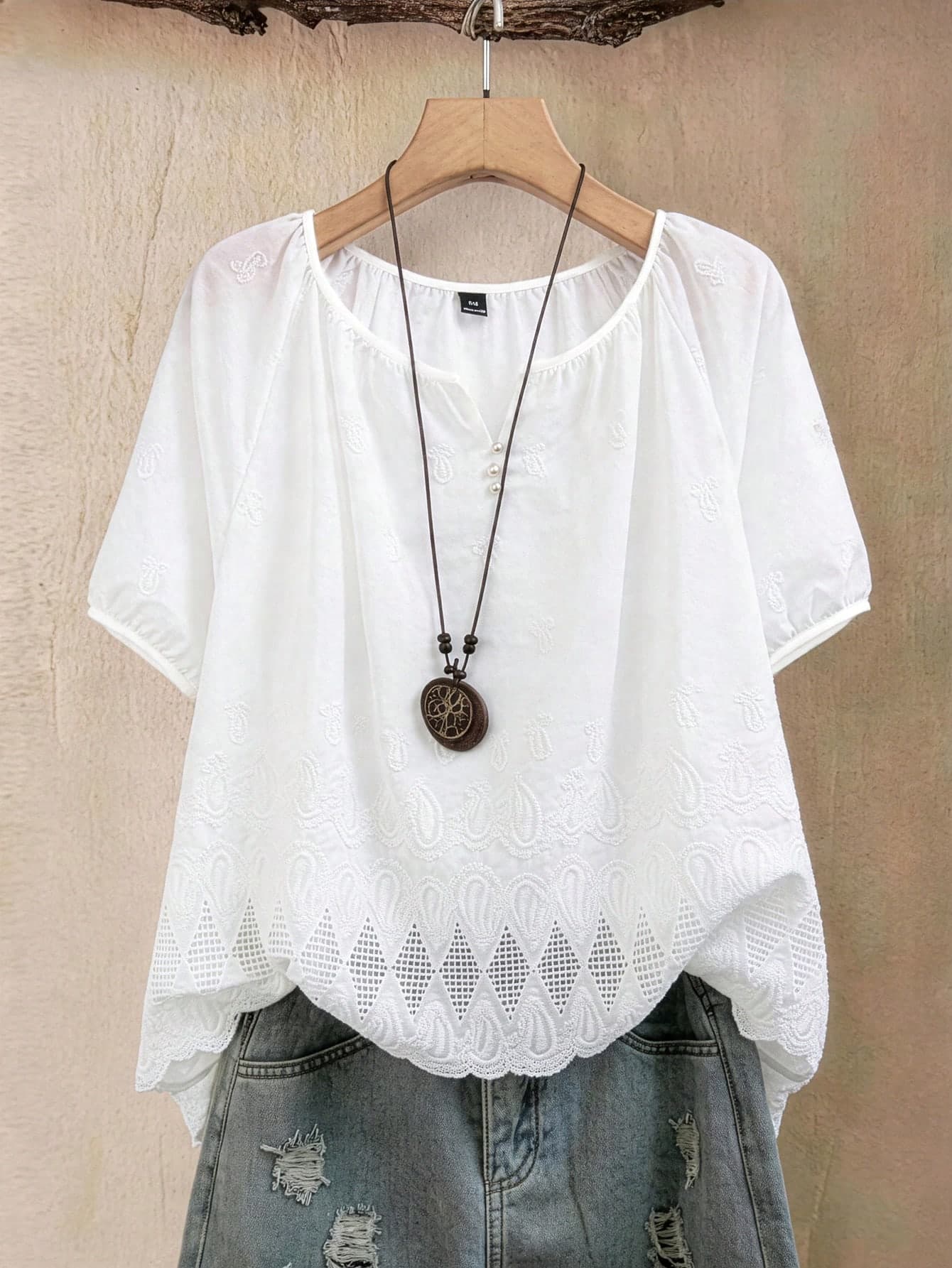 EMERY ROSE Plus Size Casual Solid Color Hollow Embroidery Short Sleeve Shirt