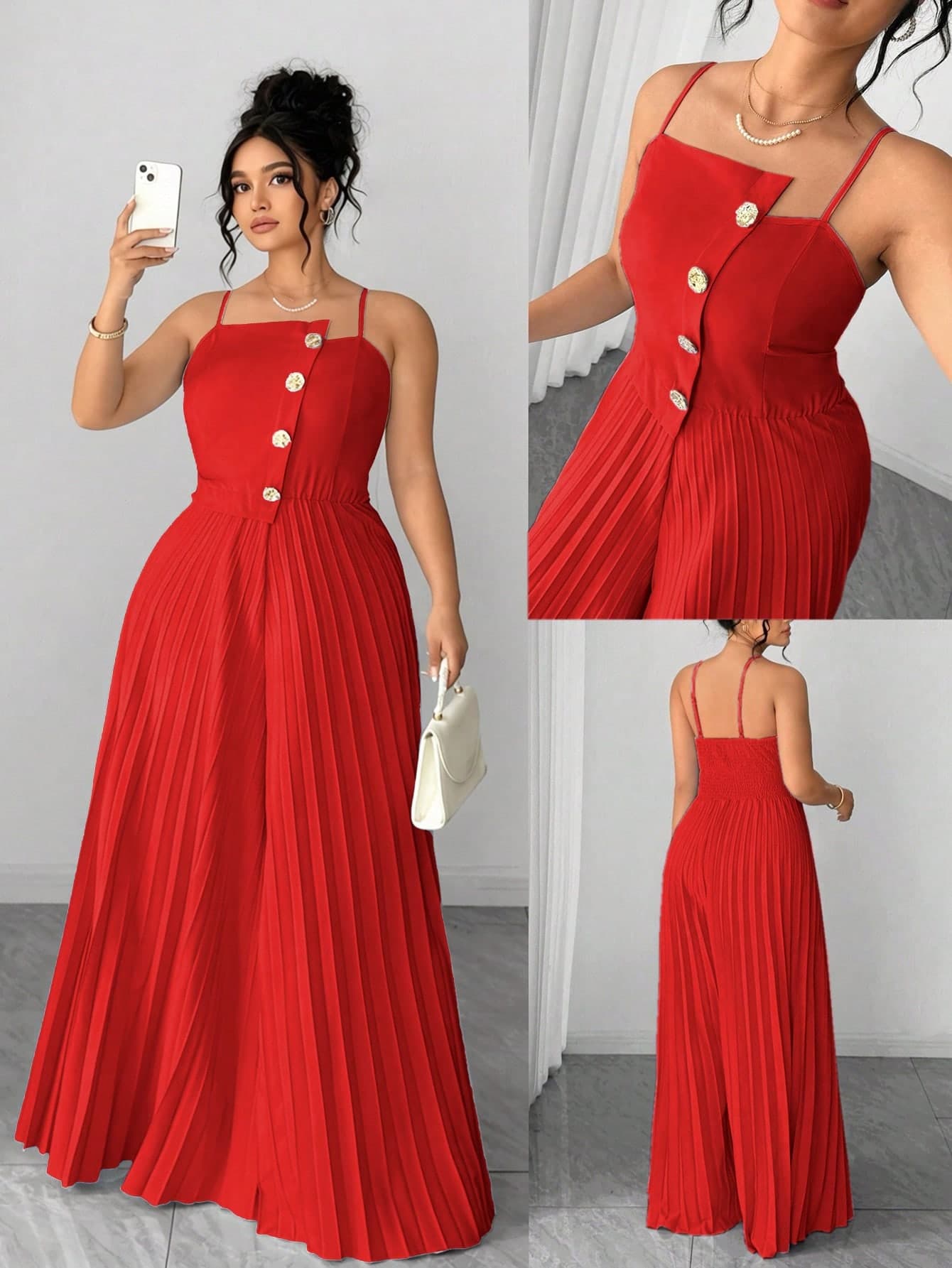 Elenzga Plus Size Women's Elegant Red Summer Satin Party Jumpsuit,Asymmetrical Collar Pleated Wide Leg Pants,Waist Cinched Flared Maxi Jumpsuit For Weddings