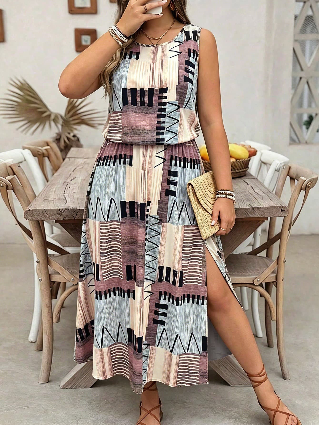 EMERY ROSE Plus Size Women Patchwork Casual Loose Side Slit Dress