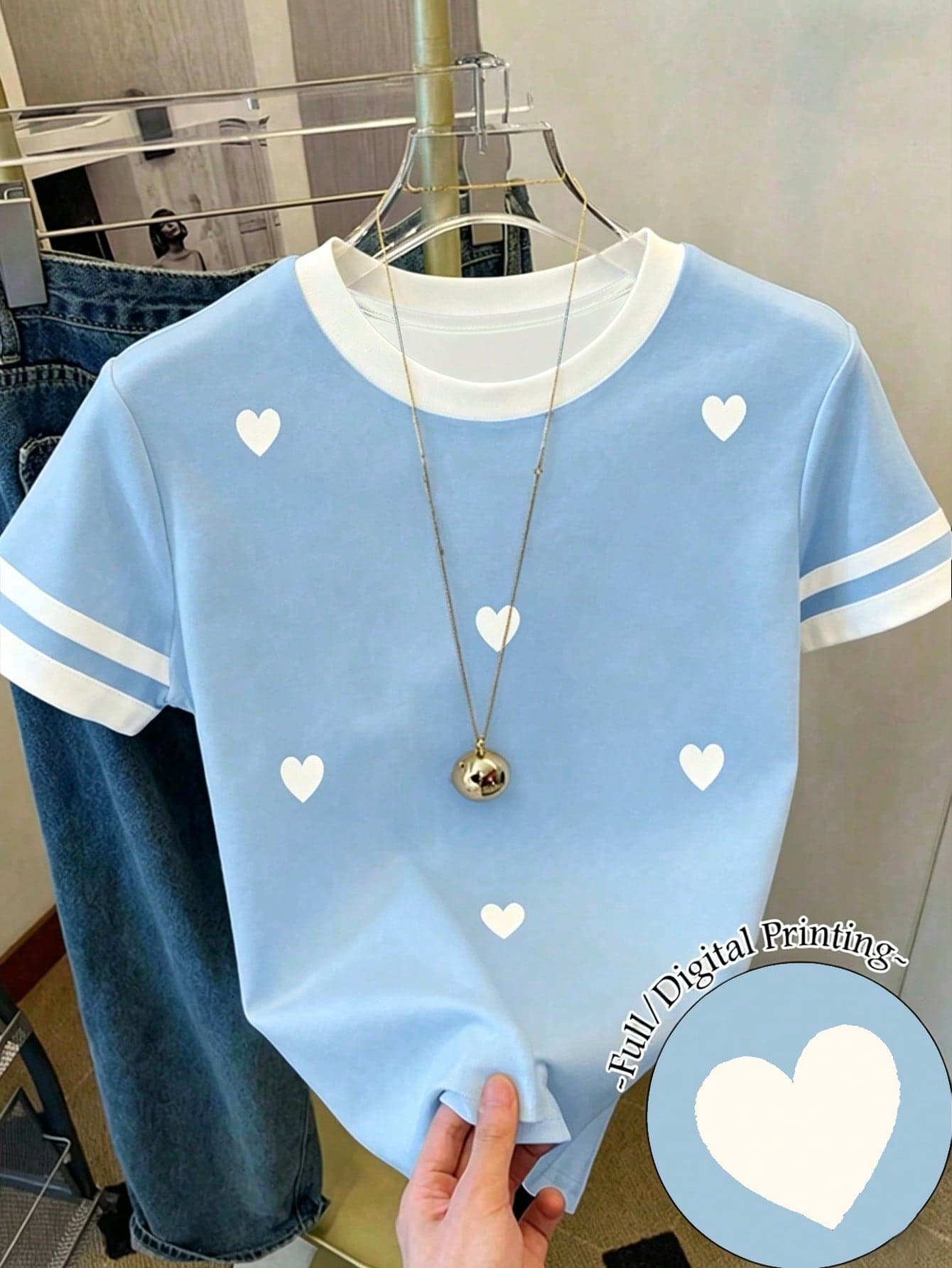 SHEIN Young Girl Heart Love Print Graphic T-Shirt,Blue,Summer,Career Day,Back-To-School,Loose Casual Contrast Block Color Striped Round Neck Top,Vacation