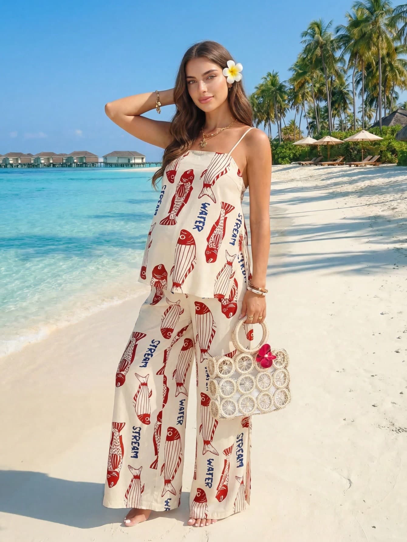 SHEIN Maternity 2pcs Light Blue Summer Boho Casual Beach Holiday Letter Fish Print Camisole Top Adjustable Waist Pants Set Floral Nautical Resort Wear