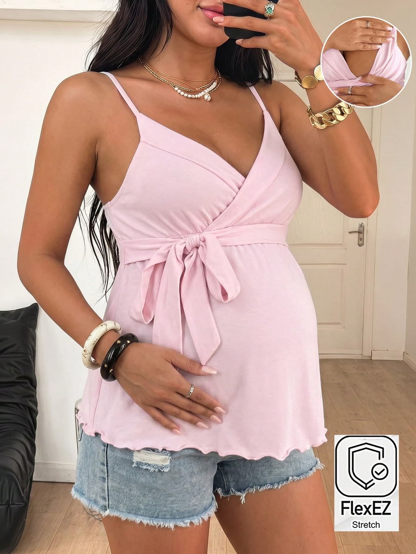 SHEIN Maternity Pink Summer Fairy Camisole For Women,Solid Color Strap Nursing Pregnancy Top,Cute Baby Shower Outfits,Casual Pregnancy Clothes