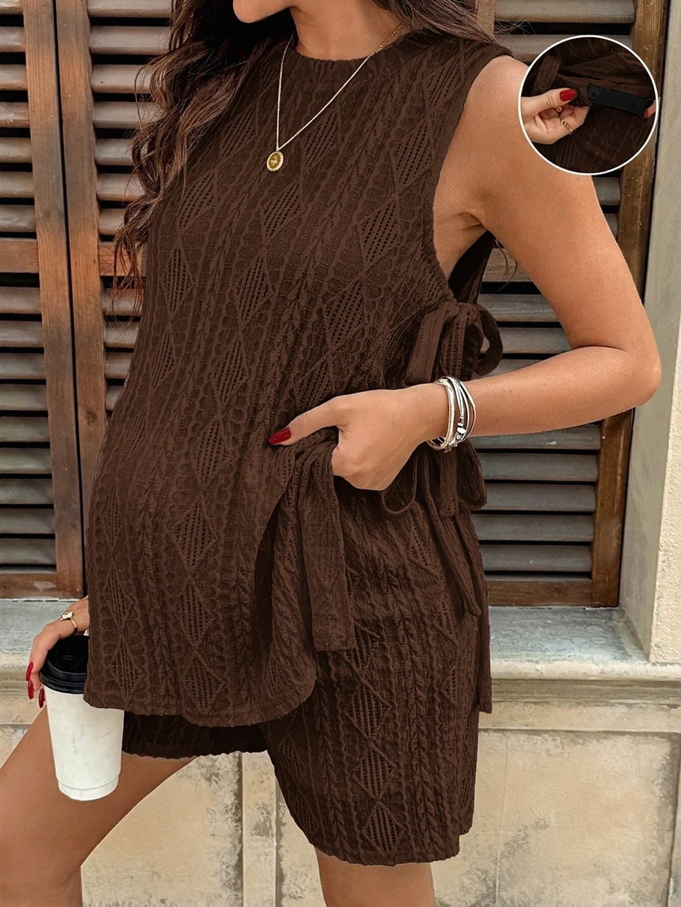 SHEIN 2pcs Maternity Summer Casual Vacation Commute Photoshoot Solid Color Textured Fabric Side Knot Sleeveless Top And Adjustable Waist Shorts Set
