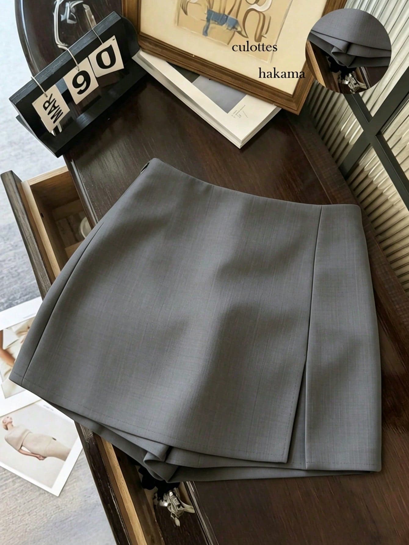 Franclia Women's High Waist Grey Summer Modest Office Skirt Shorts,A-Line Split Hem Textured Soft Fabric Skorts,Fashionable Casual Commute Versatile Clothing