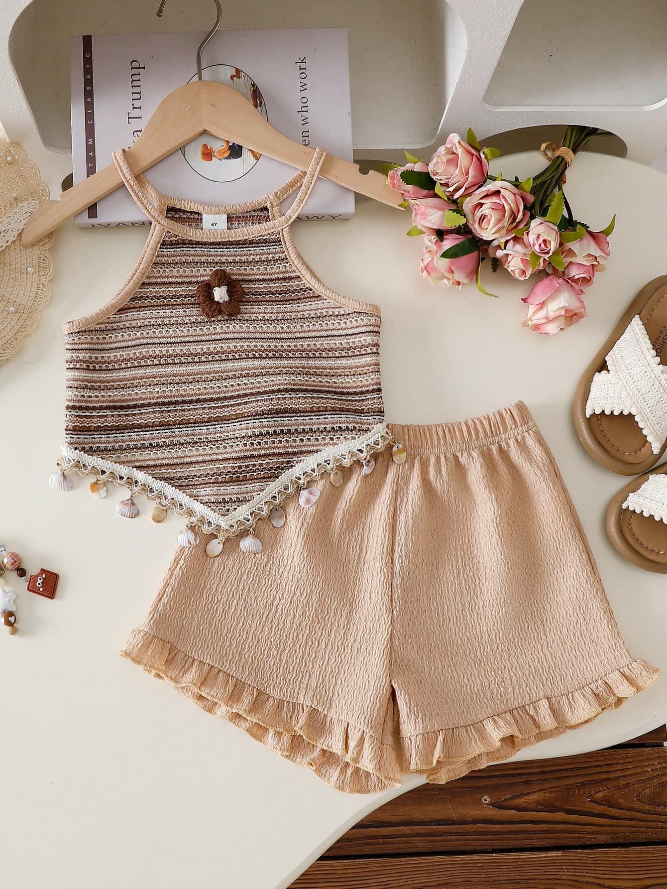 SHEIN Genkimix Kids Summer New Cute Toddler Girls Crochet Striped Spaghetti Strap V-Neck Beach Fabric Crochet Shell Strap Top Paired With Matching Ruffle Hem Shorts Set