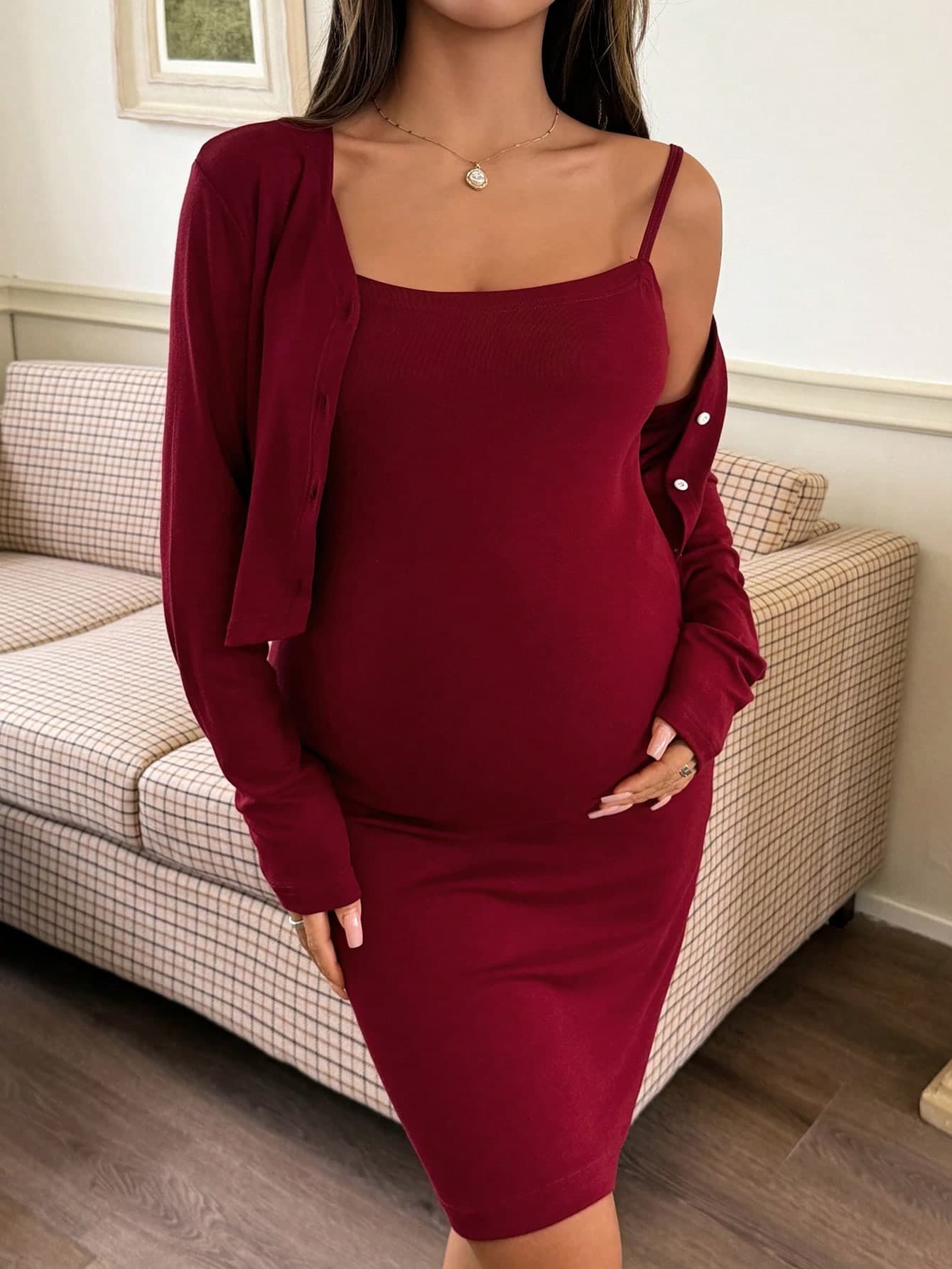 Dazy Maternity 2pcs Maternity Bodycon Mini Slip Dress & Cropped Cardigan Set, Red, Spring/Summer