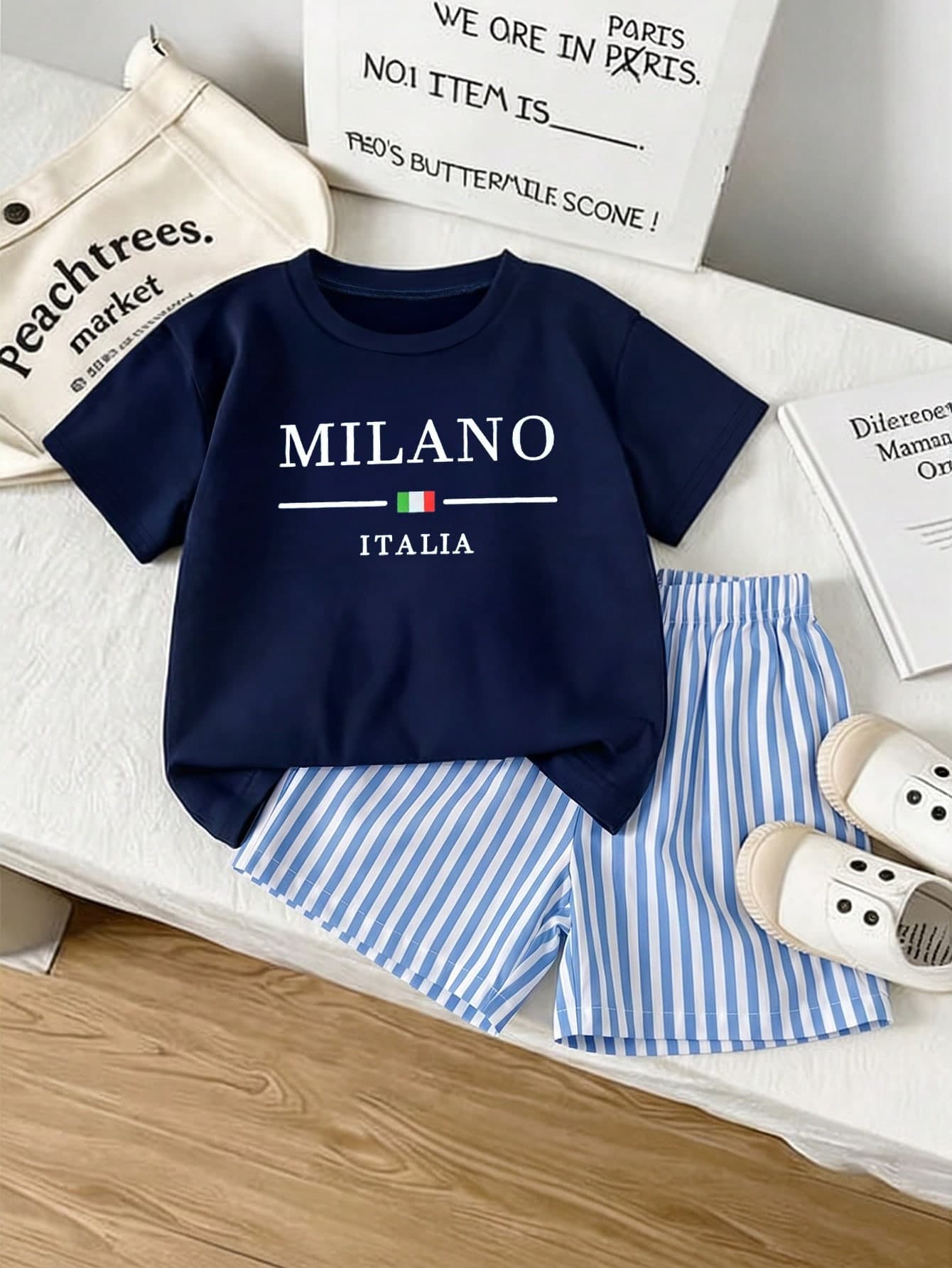 Playful Pals 2pcs/Set Toddler Boys' Summer Casual Fashionable Graphic Print Round Neck Top And Striped Shorts, Comfortable Outdoor Play And Daily Wear Outfit