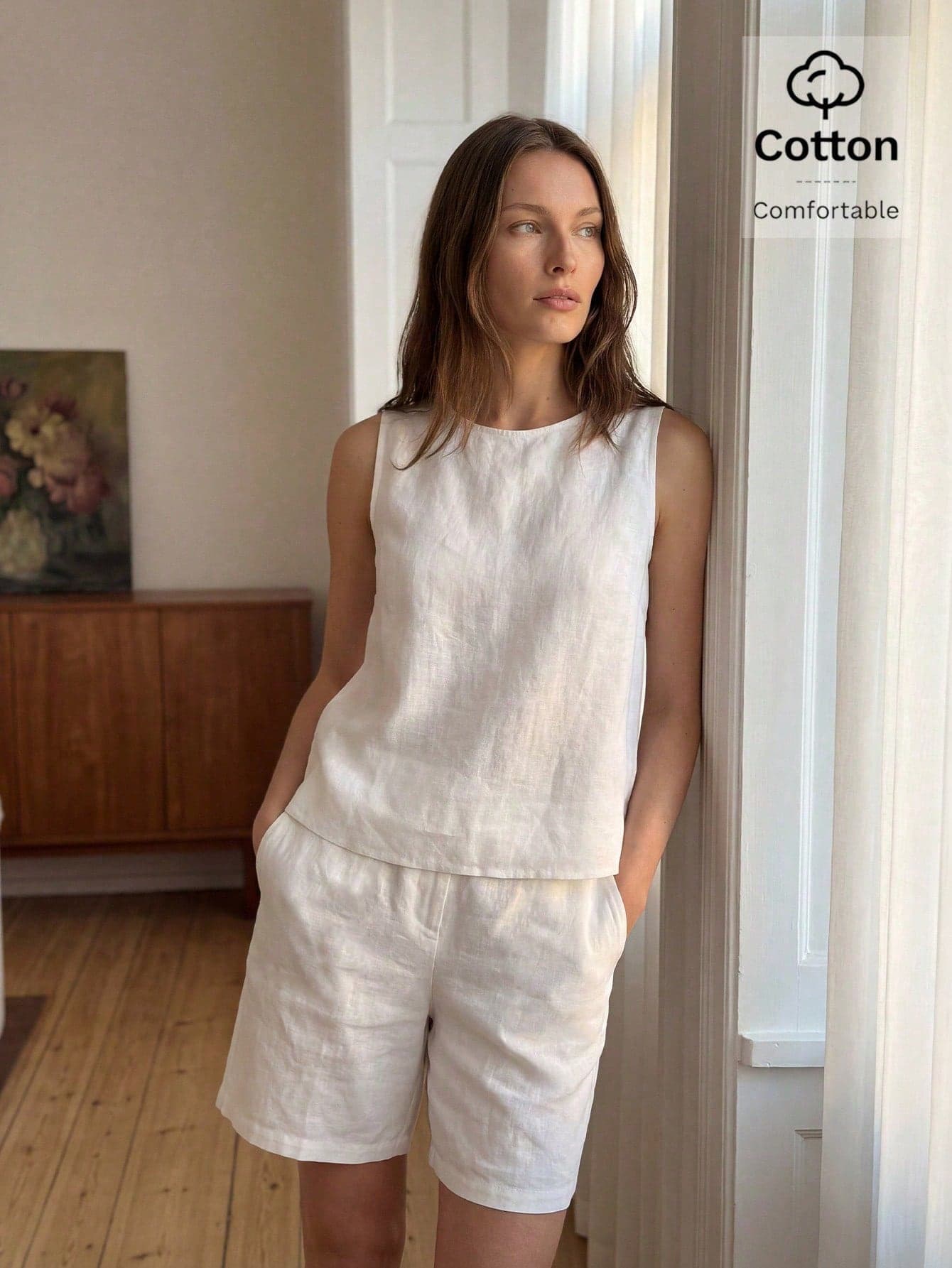 Easowa Women's Pure Cotton Sleeveless Tank Top And Shorts 2-Piece Set,Off-White Summer Casual Everyday Minimalist Lightweight Solid Outfit Comfort Wear