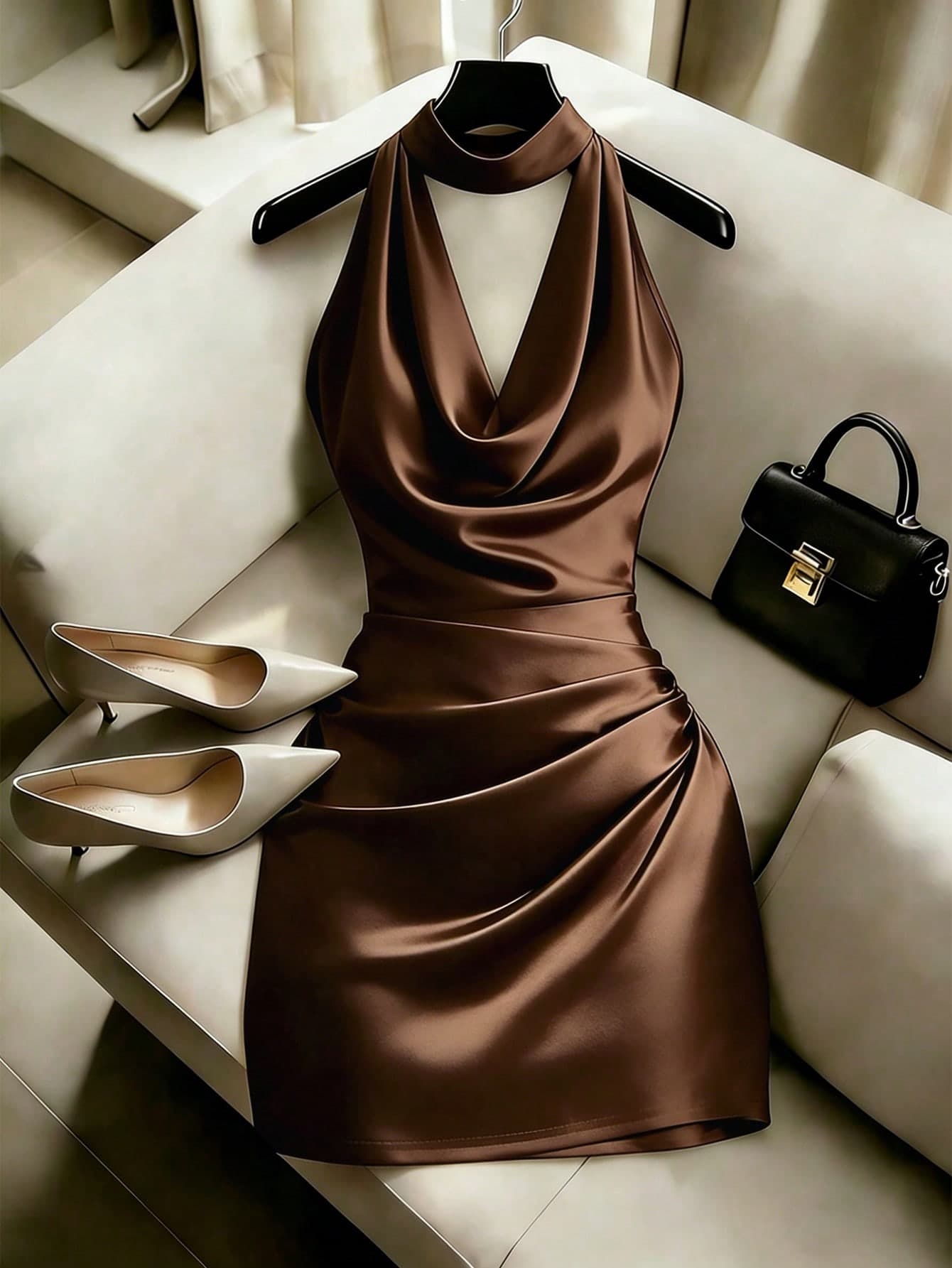 Franclia Elegant Brown Halter-Neck Mini Bodycon Dress For Women,Summer Shades Of Brown Ruffled Fit Waist Night Out Dress,Business Casual Party Attire