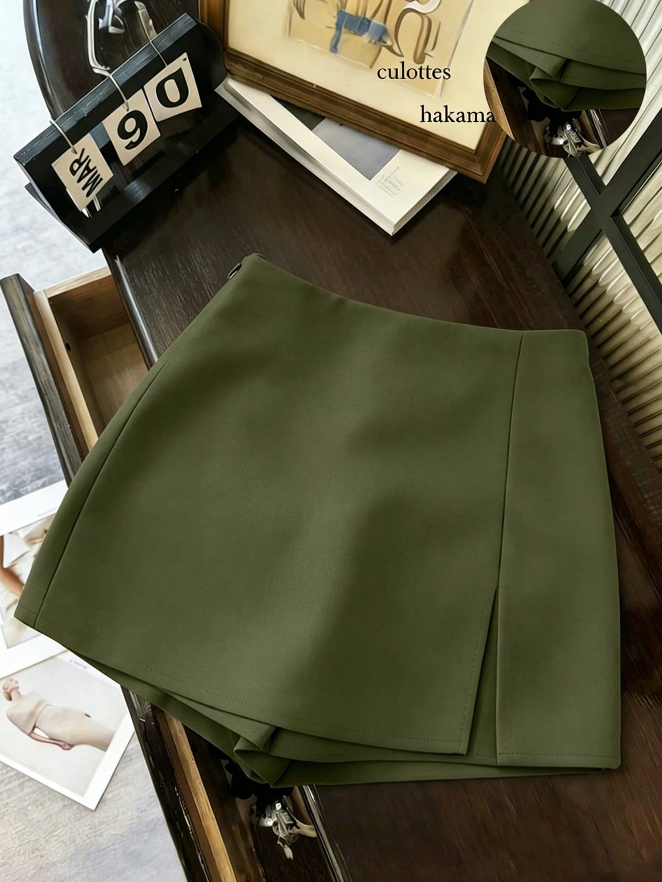 Franclia Women Elegant Olive Green High-Waisted Skort,Summer A-Line Mini Skirt With Slit,Casual Office Workwear Blazer Fabric Culottes For Date,Textured Soft