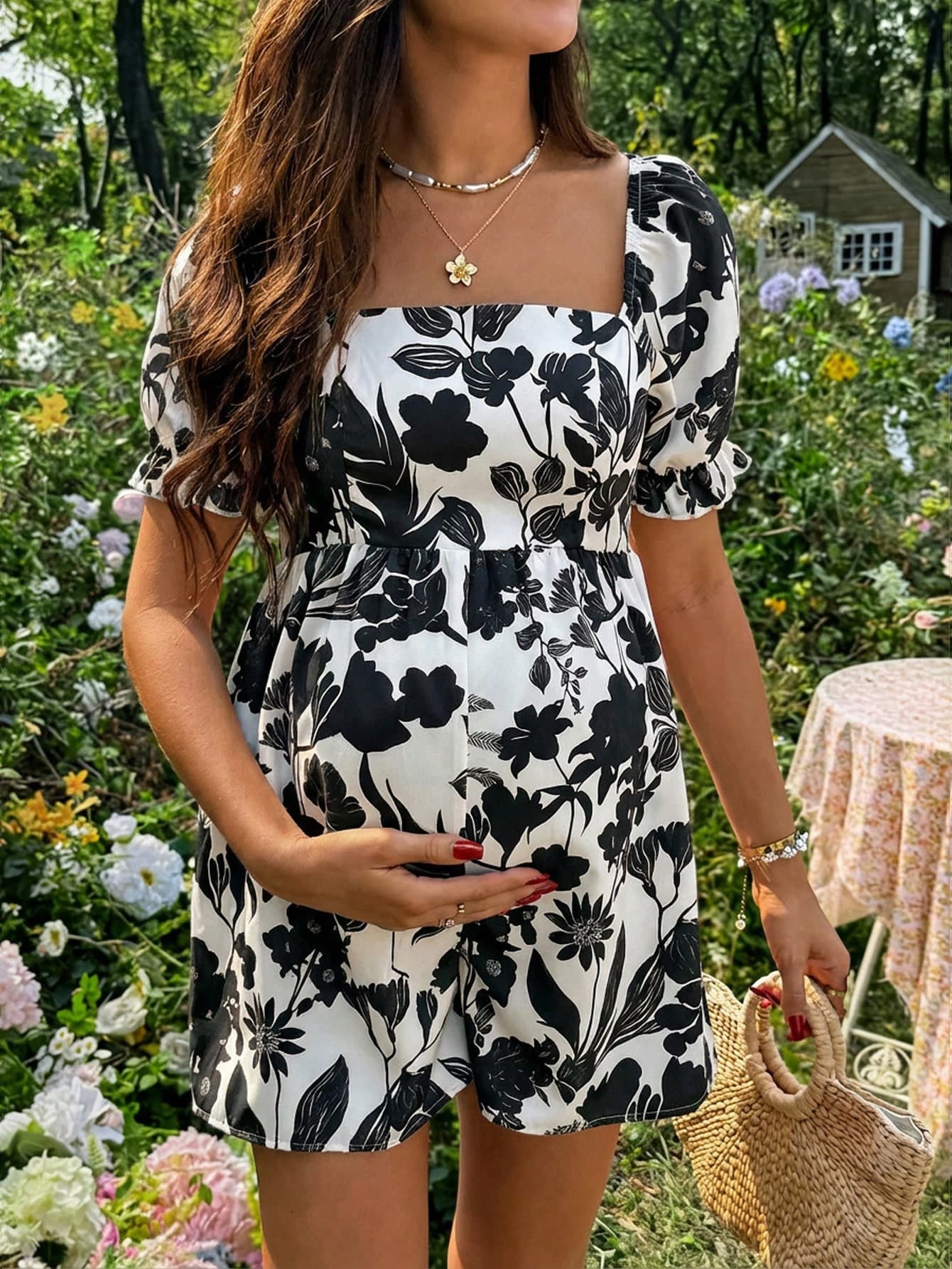 SHEIN Maternity All-Over Print Square Neck Casual Romper For Daily Wear