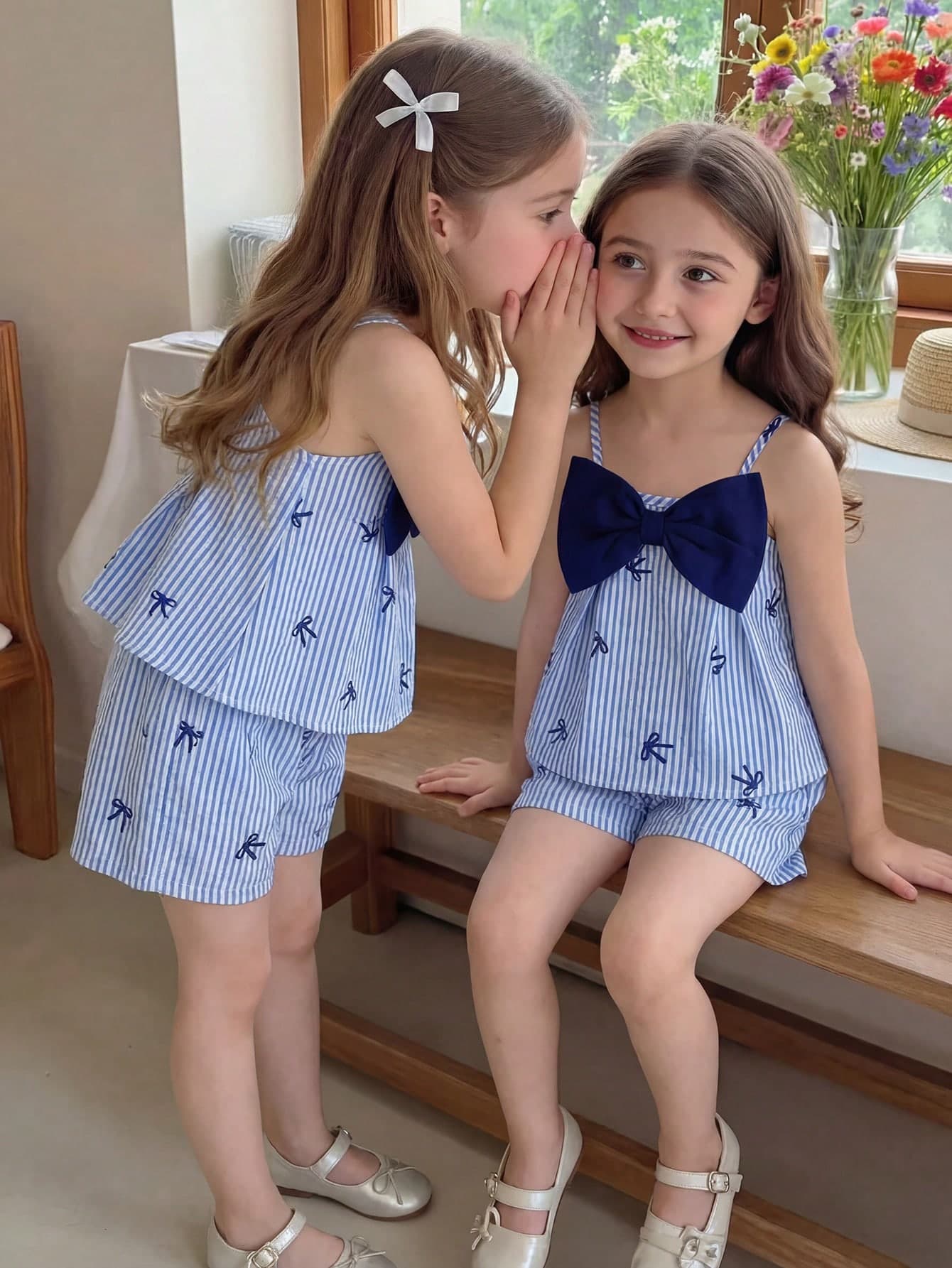SHEIN Genkimix Kids Toddler Girls' Colorful Striped Camisole Top With Pleated Design & Bow Decor Shorts Set, Cute & Sweet Daily Wear, Suitable For Summer