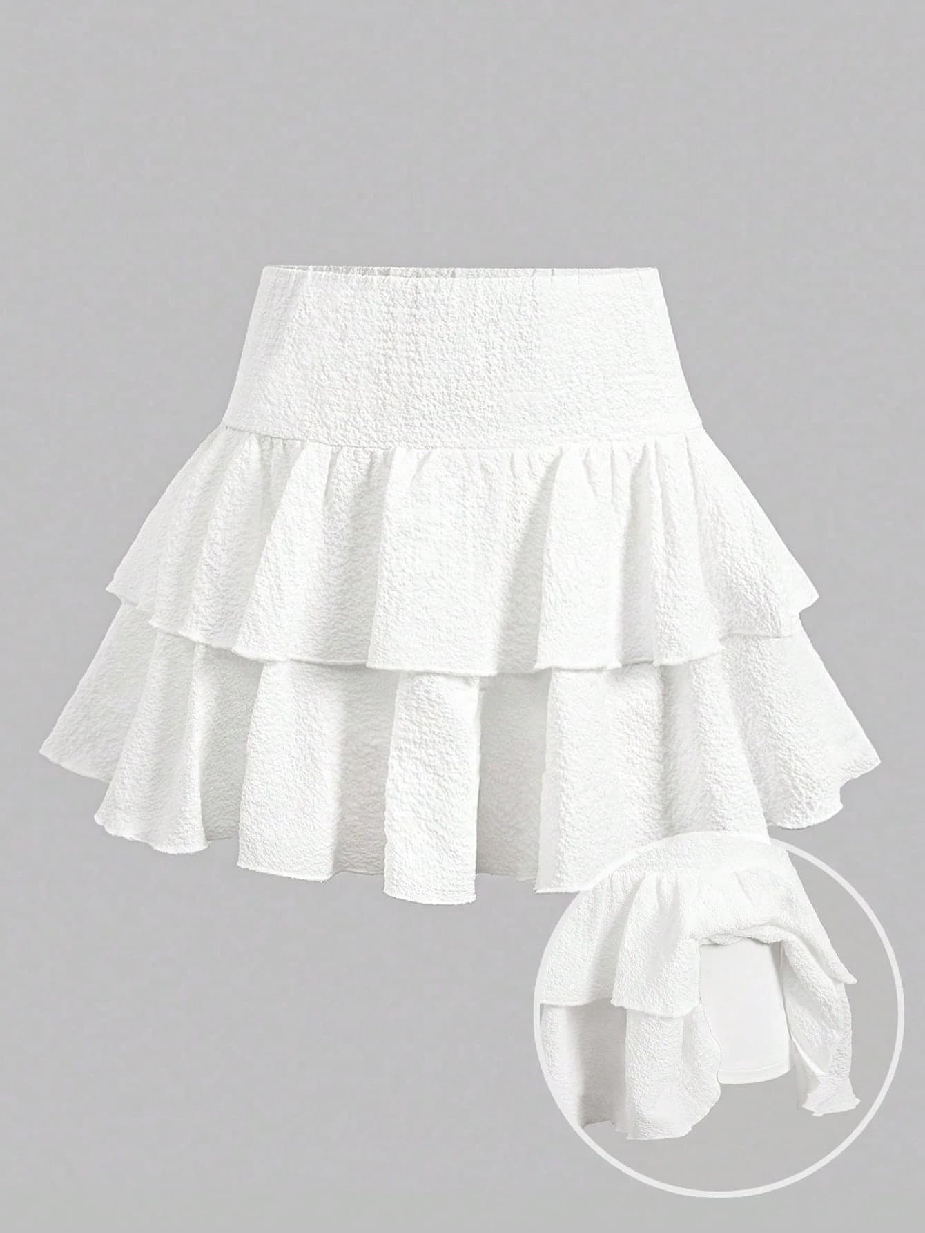 SHEIN Girlism Teen Girls Casual Vacation White Textured Built-In Leggings Double Ruffle Hem Cake Skirt Mini Skirt