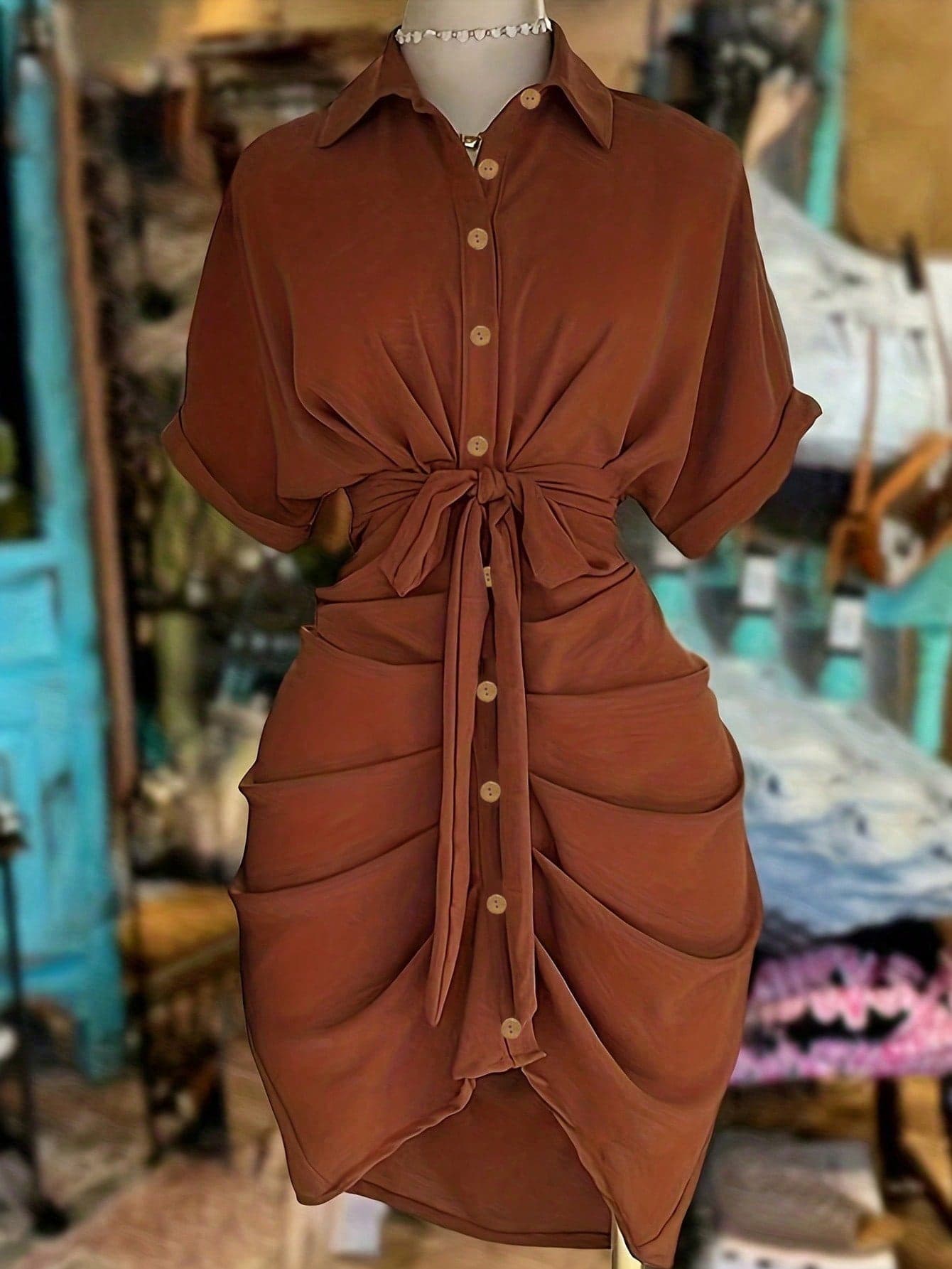 SuriyaCove Collared Single-Breasted Tie-Waist Short Sleeve Shirt Dress