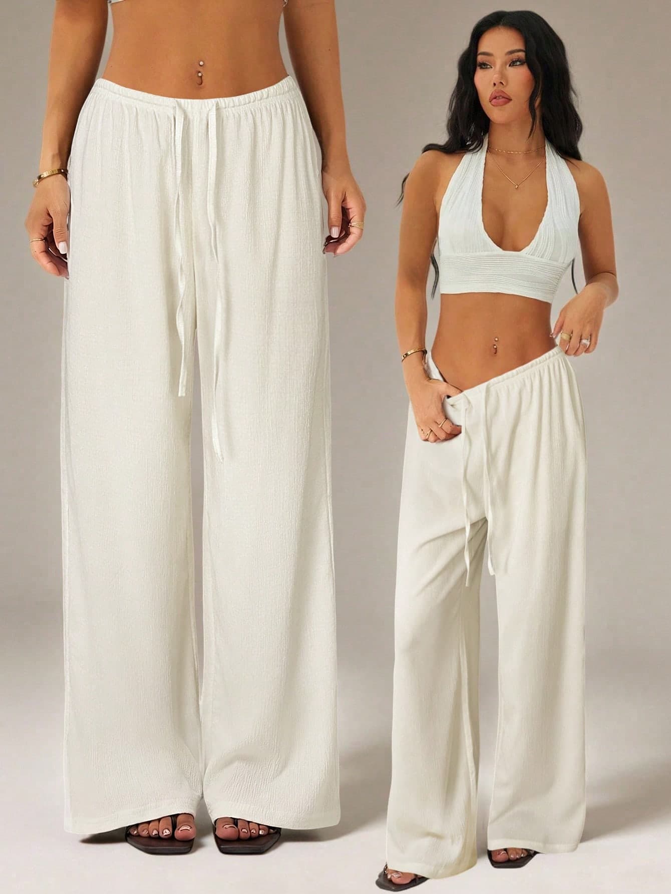 SHEIN PETITE Women's Solid Color Tie Waist Wide Leg Loose Casual Versatile Pants ,Petite Women