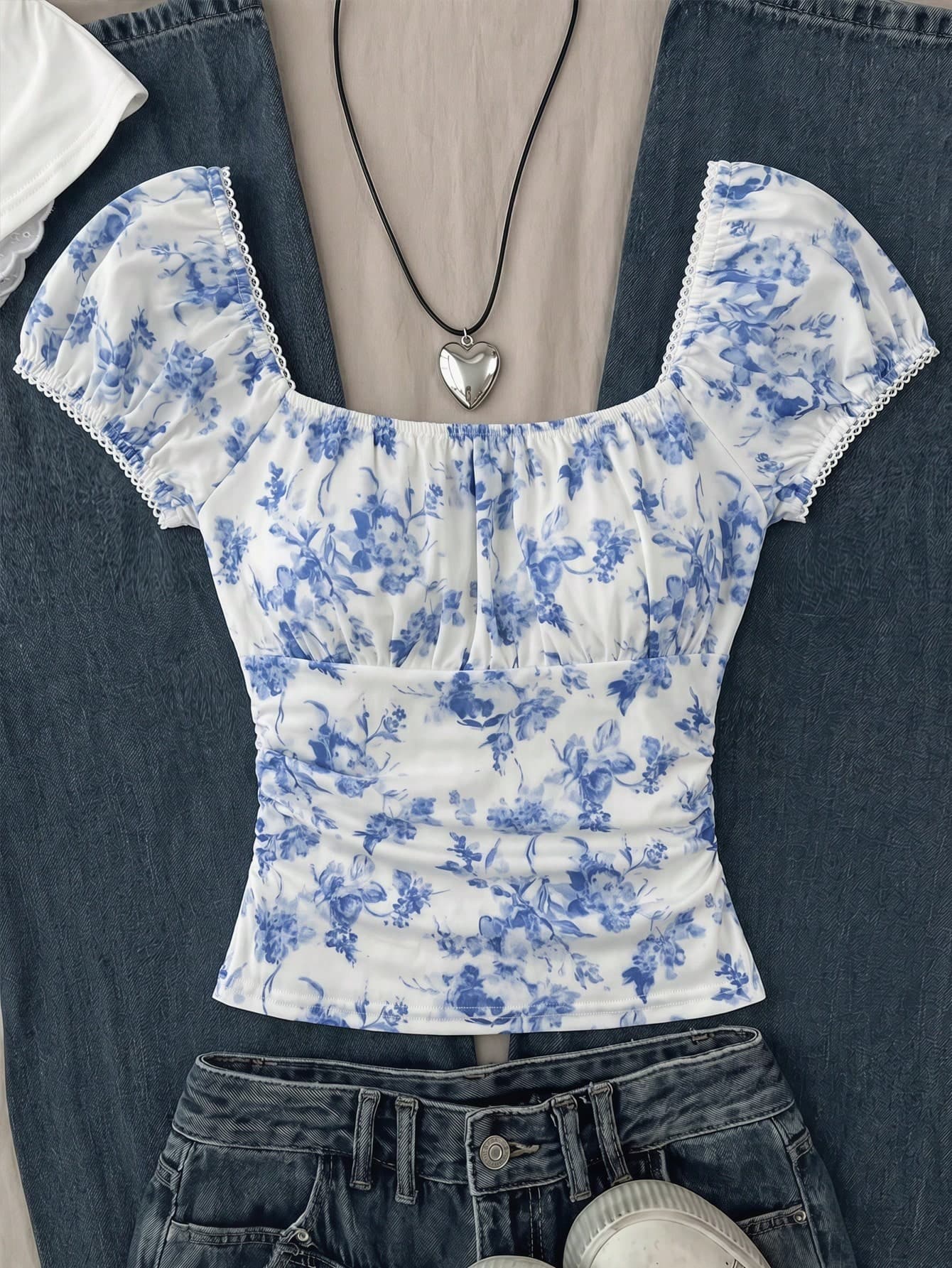 SHEIN French Style Blue & White,Summer Cute Floral Pleated Short Sleeve Fitted T-Shirt,Deep Square Neck Lace Mesh Puff Sleeve Bachelorette Party Holiday Top