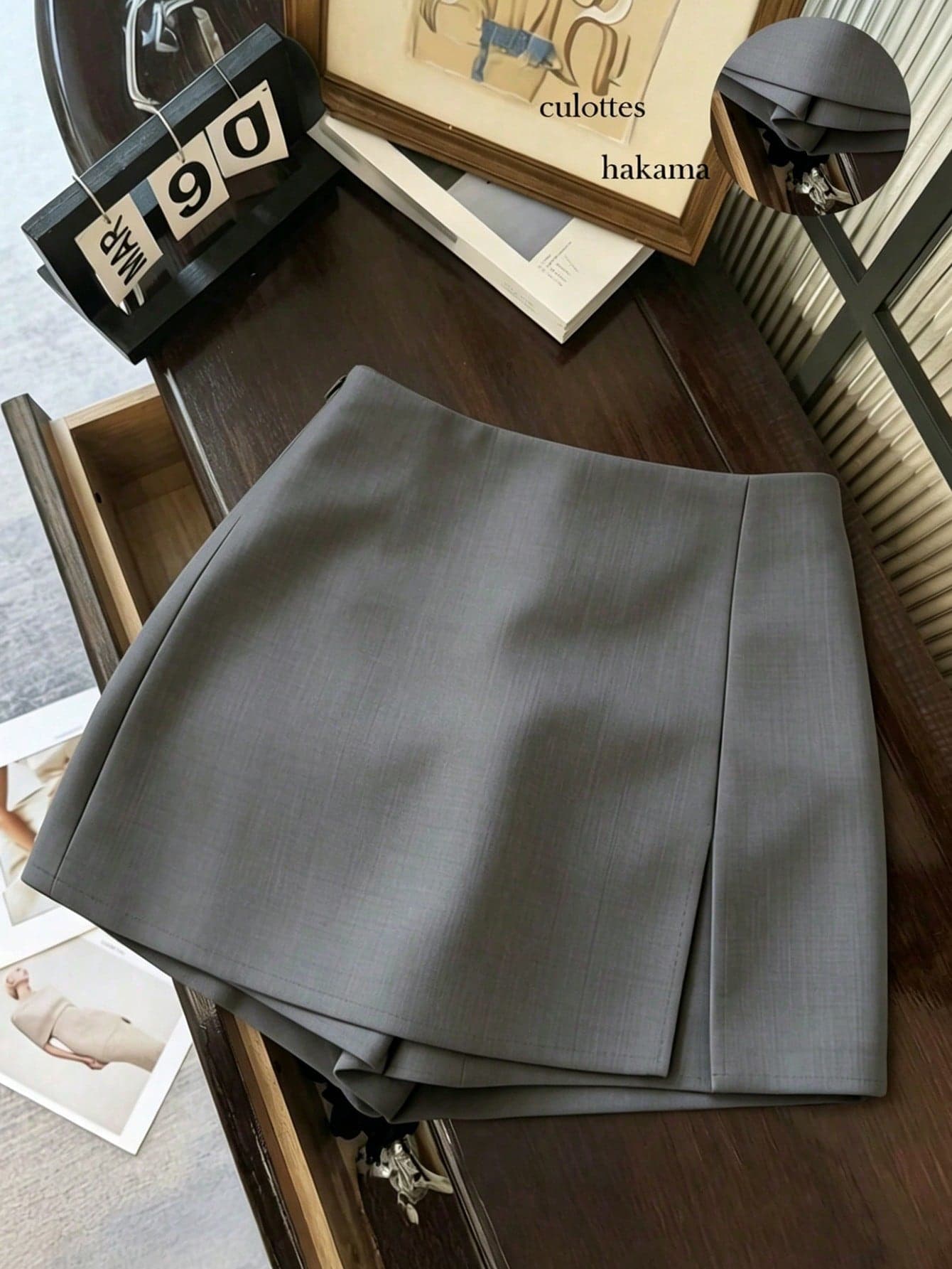 Franclia Petite Women's High Waist A-Line Skort,Grey Summer Casual Office Textured Suit Fabric Double Layer Split Hem Skirts With Belt Fashionable Commute ,Petite Women