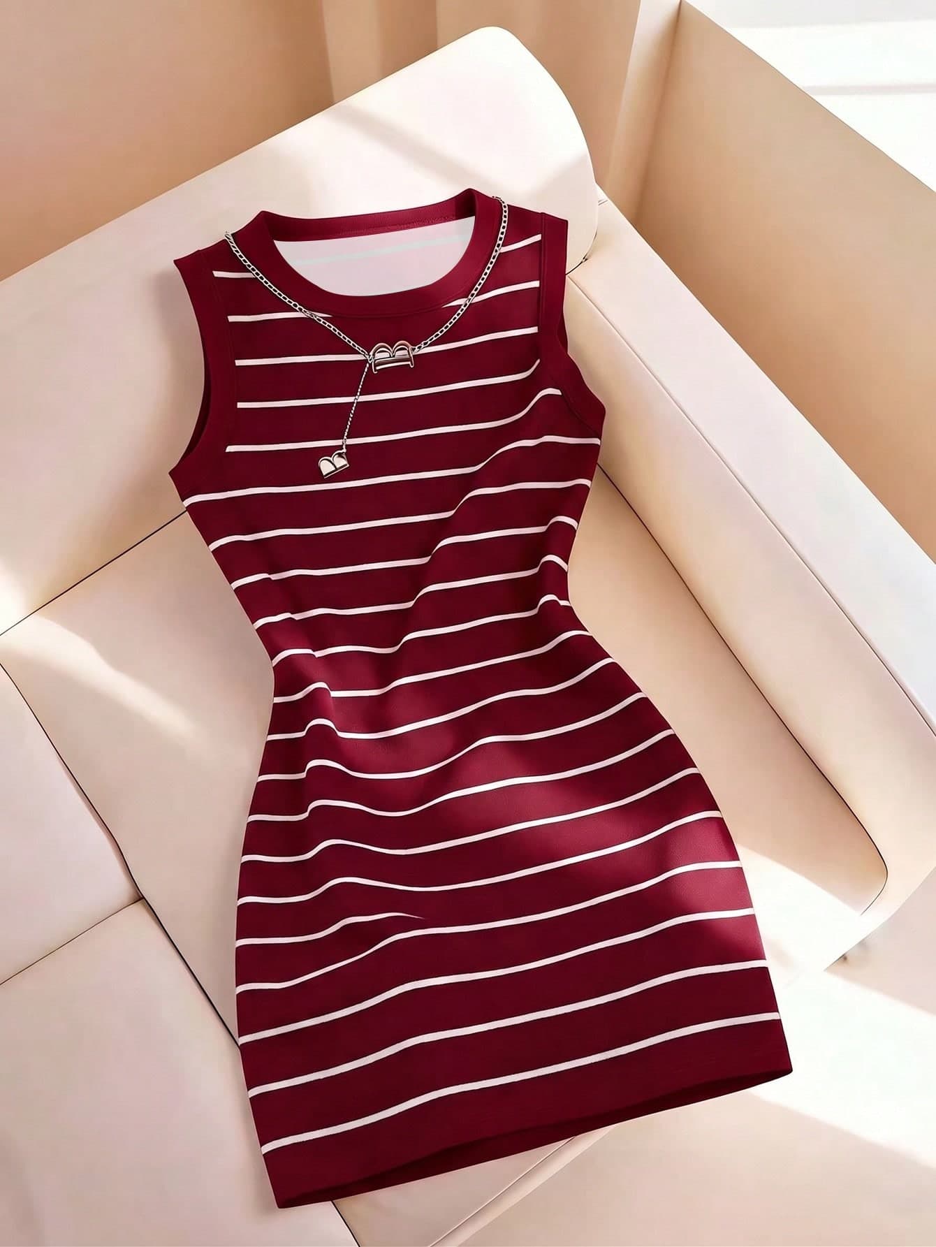 Resyla Women's Spring/Summer New Arrival Striped Print Round Neck Fitted Camisole Dress