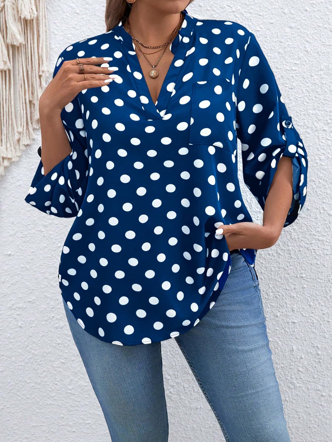 SHEIN Plus Size V-Neck Long Sleeve Polka Dot Retro Chic Blouse Fall