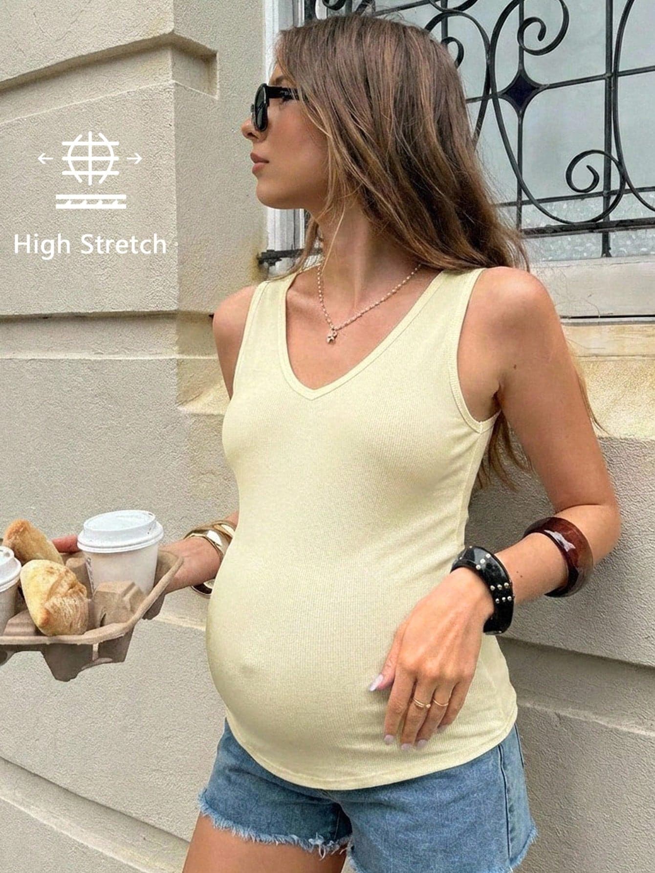 SHEIN Maternity V-Neck Fitted Casual Tank Top For Summer Daily Wear Maternity Photoshoot