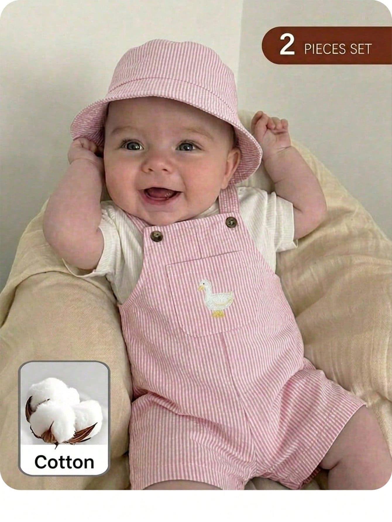SHEIN Newborn Baby Boy Cute Summer Versatile Cartoon Duck Striped Romper & Hat Set