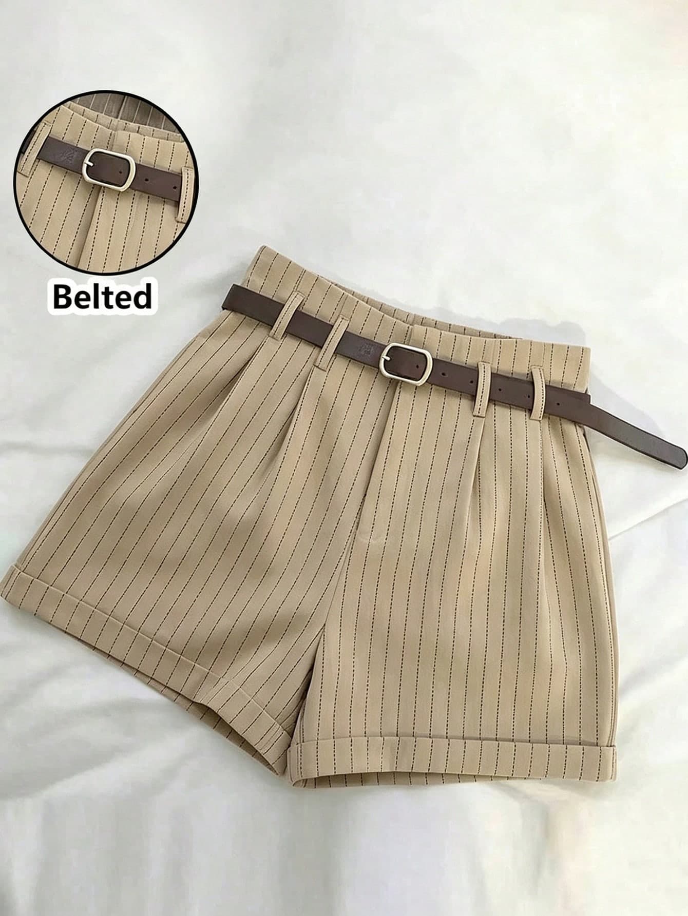 Franclia Casual Versatile Commuting Waist Belt Decor Apricot Vertical Striped Shorts/Wide Leg Pants/Bermuda Pants, Autumn/Winter