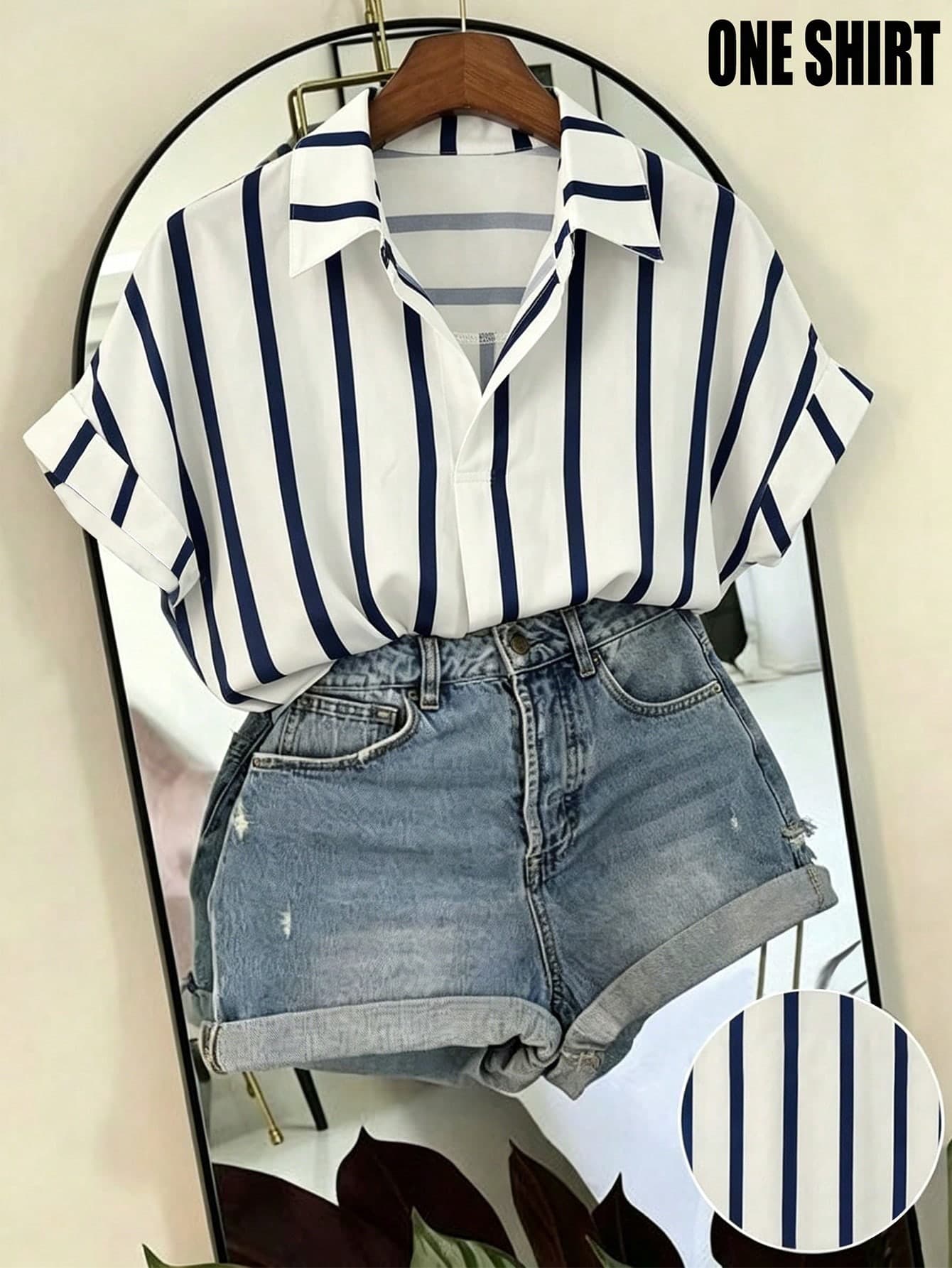 Franclia French-Style Loose Batwing Sleeve Navy And White Striped Women's Shirt,Summer Short-Sleeved Collared Top,Casual Vacation Beach Cover-Up,Business Wear