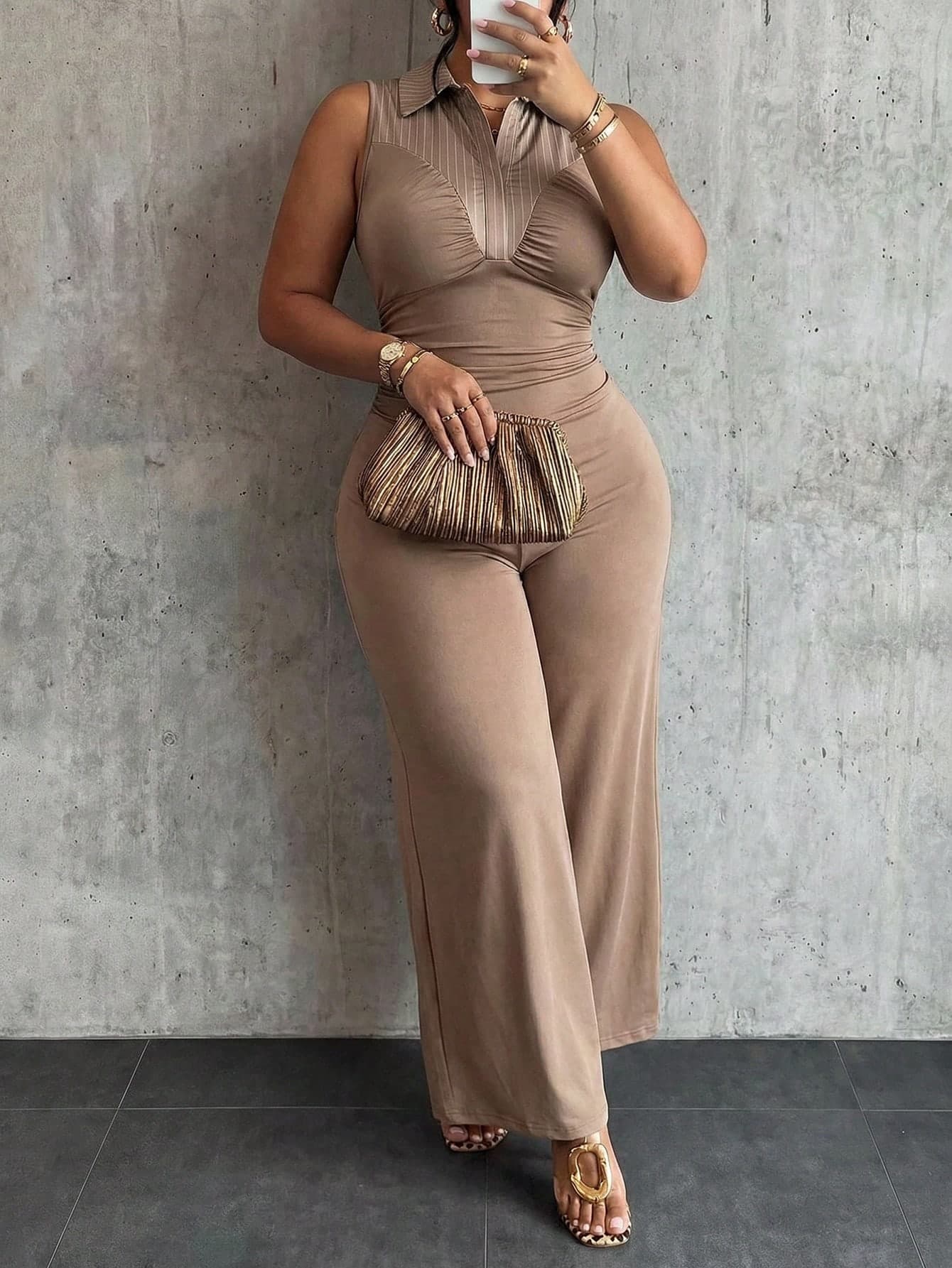 Slaydiva Women's Chocolate Brown Summer Sleeveless Polo Collar Jumpsuit,Casual Everyday High Waist Wide Leg Patchwork Two Pieces Set,Y2k Streetwear Tall Outfit
