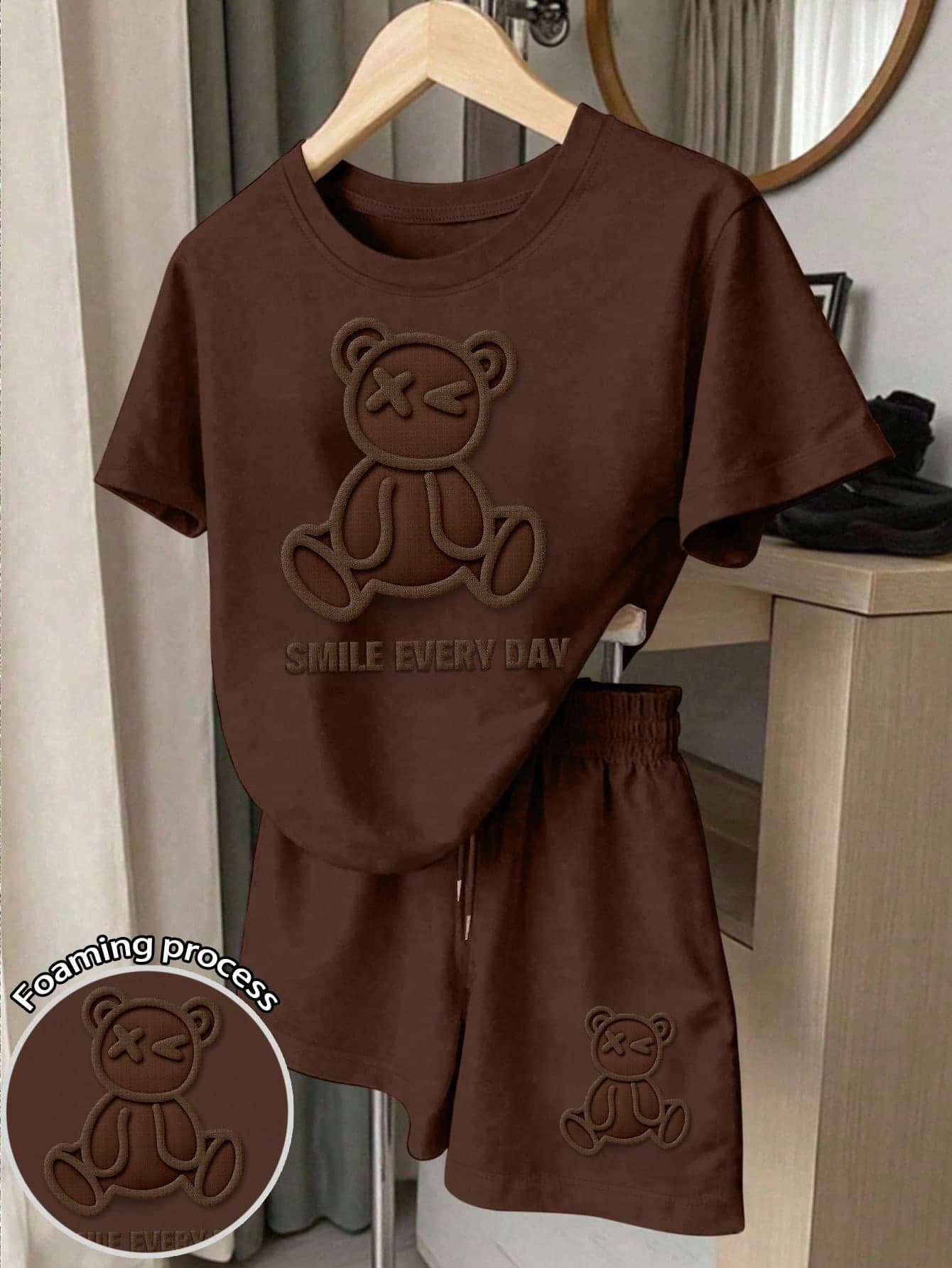 Resyla 2pcs Women Casual Foam Bear & Letter Print Set, Suitable For Daily Wear