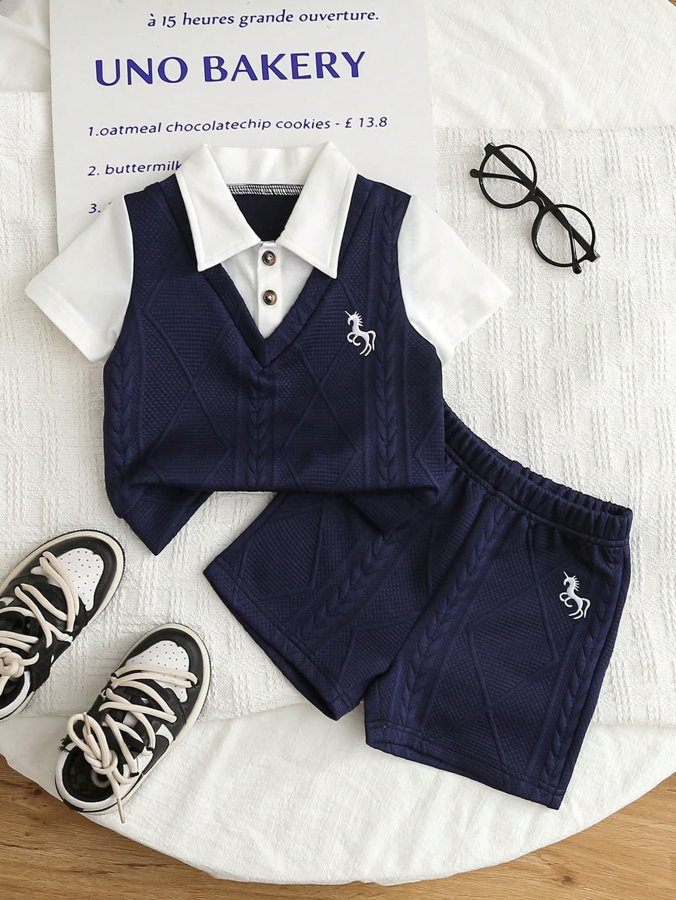 SHEIN 2pcs/Set Baby Boy Navy Blue Casual Gentleman Knit Short Sleeve POLO Shirt & Shorts Set,Horse Embroidery,Summer,Carrer Day,Back-To-School,Wedding,Party