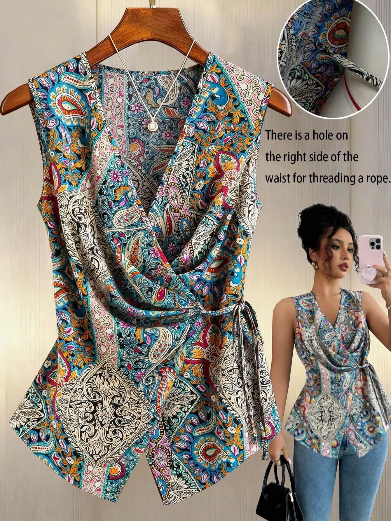 GlowEve CURVE Plus Size Women's Retro Cashew Flower V-Neck Criss-Cross Tie Slim Fit Blouse,Light Teal,Summer,Elegant,Party Fashionable Paisley Sleeveless Vest Top