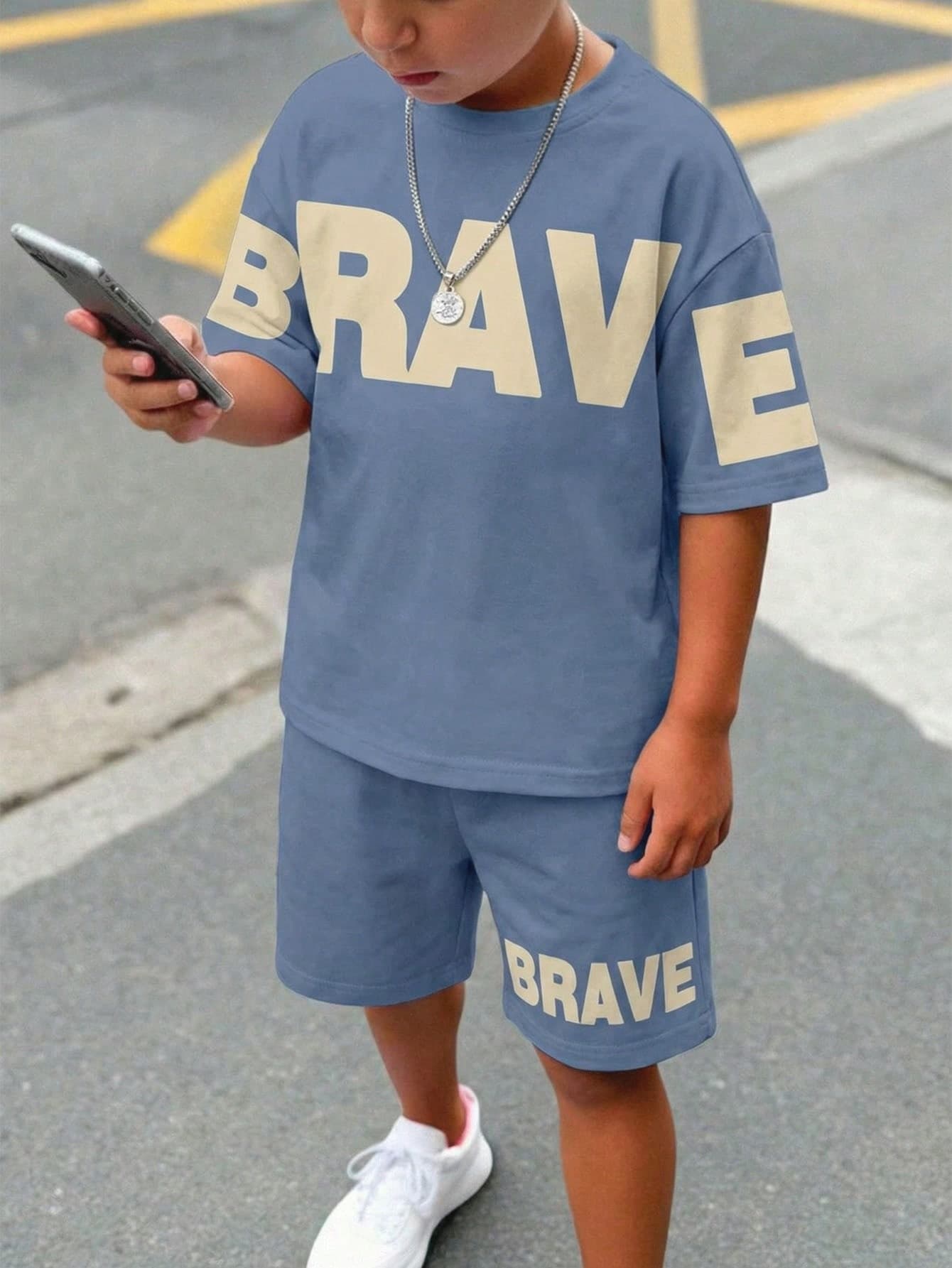 SHEIN Teen Boy Casual Minimalist T-Shirt And Shorts Set,Classic Brave Text Graphic Print,Teen Toddler Clothes Retro Outfit For Boys Beach Summer Outfits