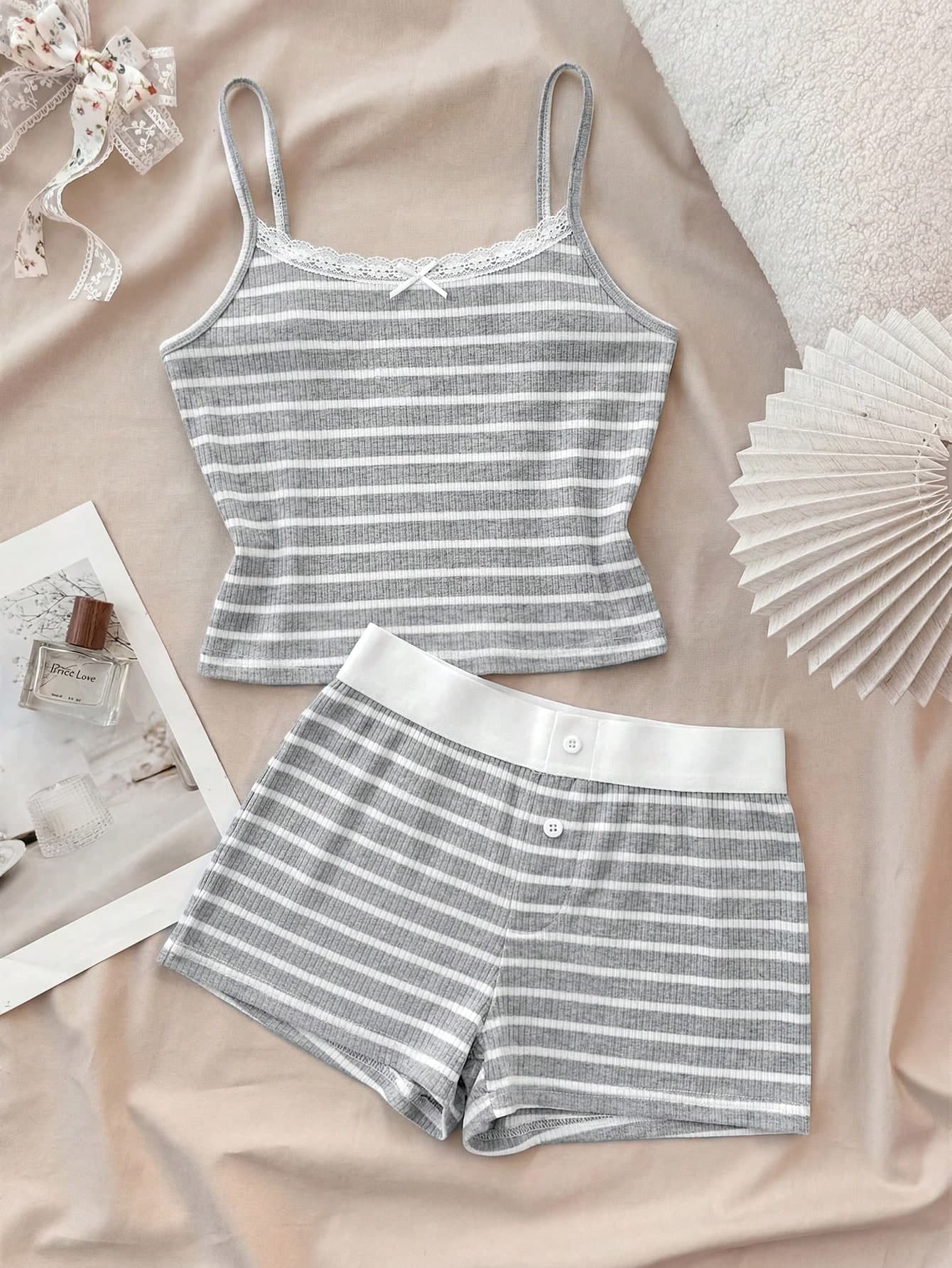 Tween Girls Lace Trim Bow Tie Cami Tank Top And Super Short Pants Co-Ord Set,Blue And White Stripe,Summer,Cute,Family Matching,Grey Outfits,Size 14-16