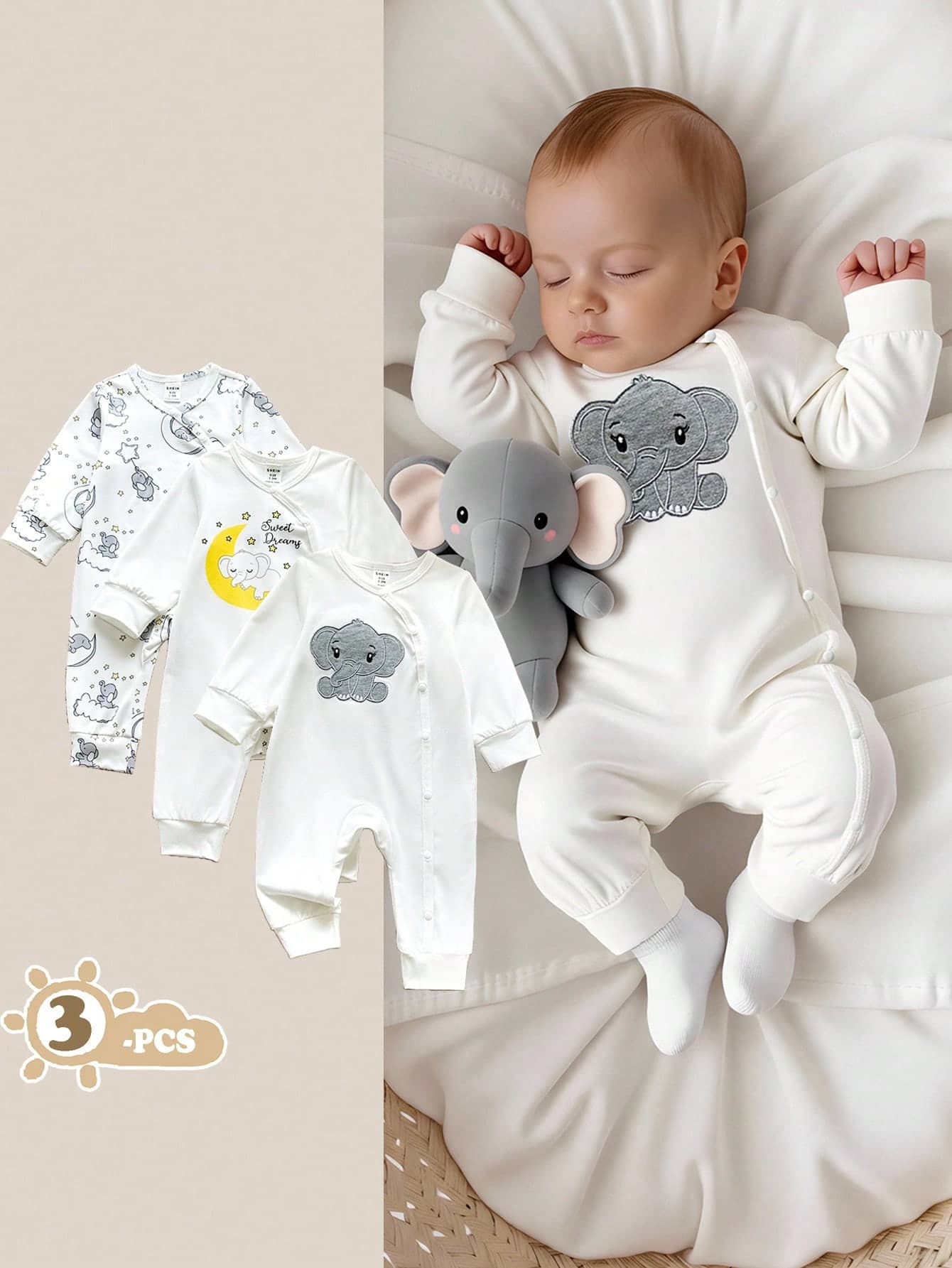 SHEIN Vintaside Kids 3pcs Baby Boy Cartoon Print Long Sleeve Romper & Pants Set, Suitable For Home, Outings, Vacation And Various Occasions Unisex Baby Clothes