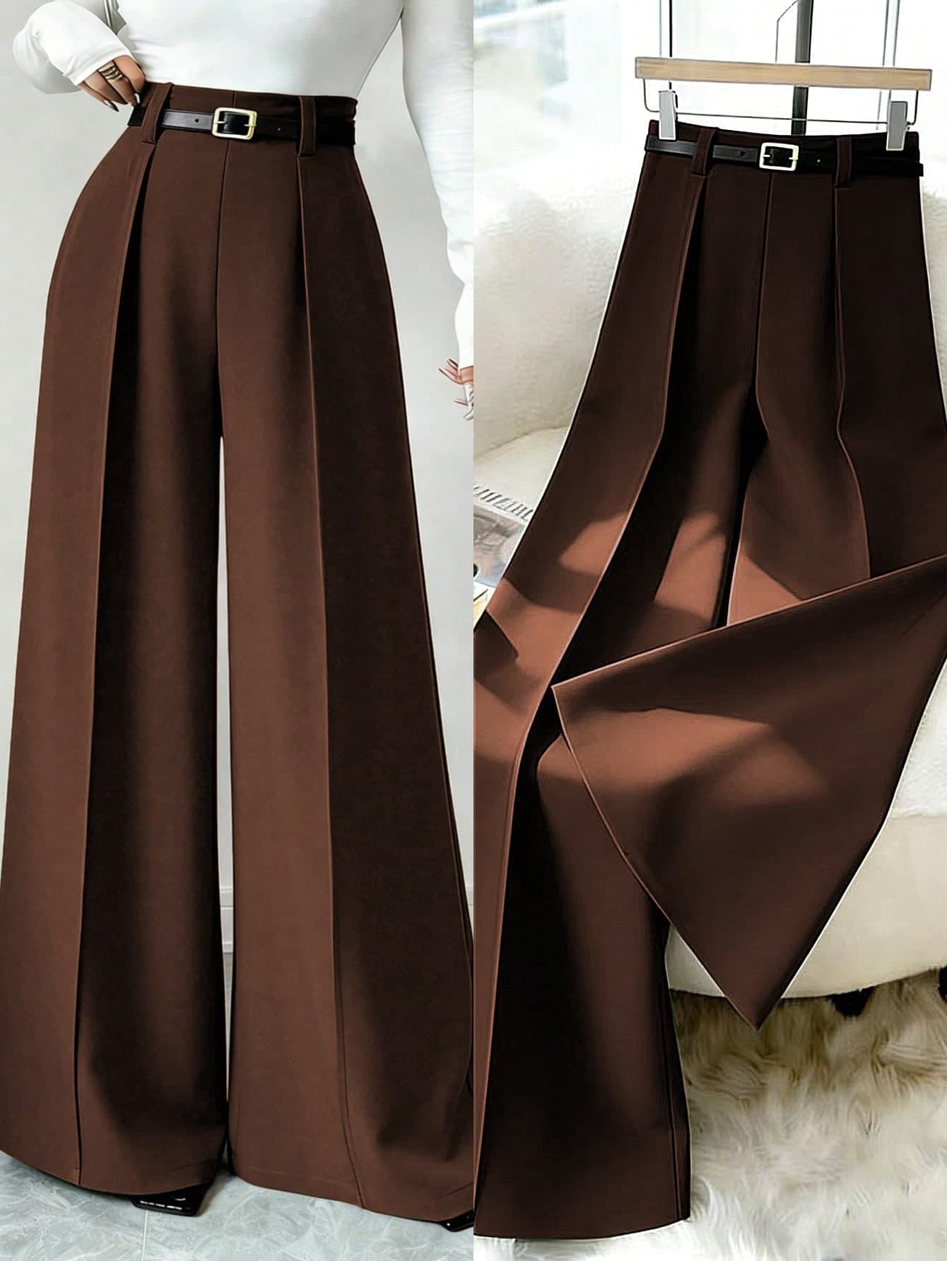 Elenzga Espresso Brown Winter Elegant Office Wide Leg Pants,Women's Retro High Waist Draping Loose Straight Trousers,Commuting & Casual Fashion Versatile